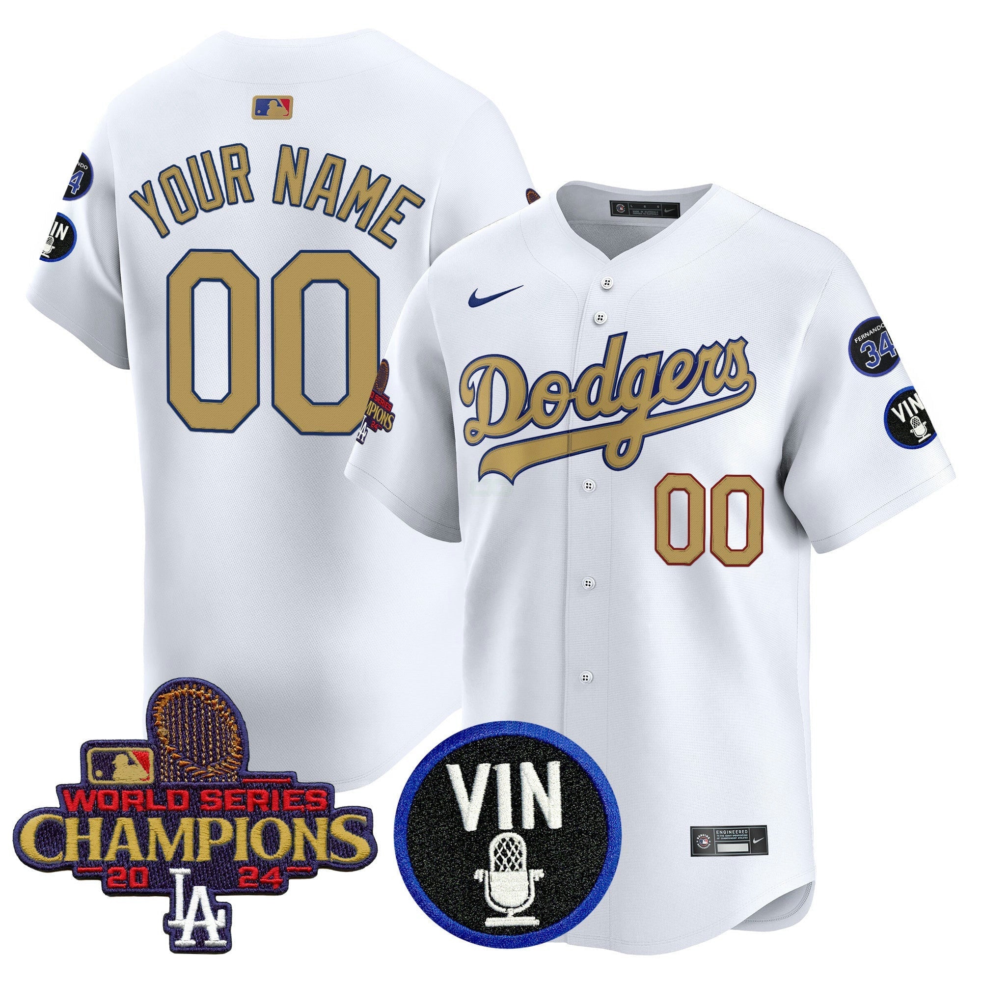 Camisa MLB 2025 Vin Scully & #34 Fernando Patch Dourada Vapor Premier Limited Jersey