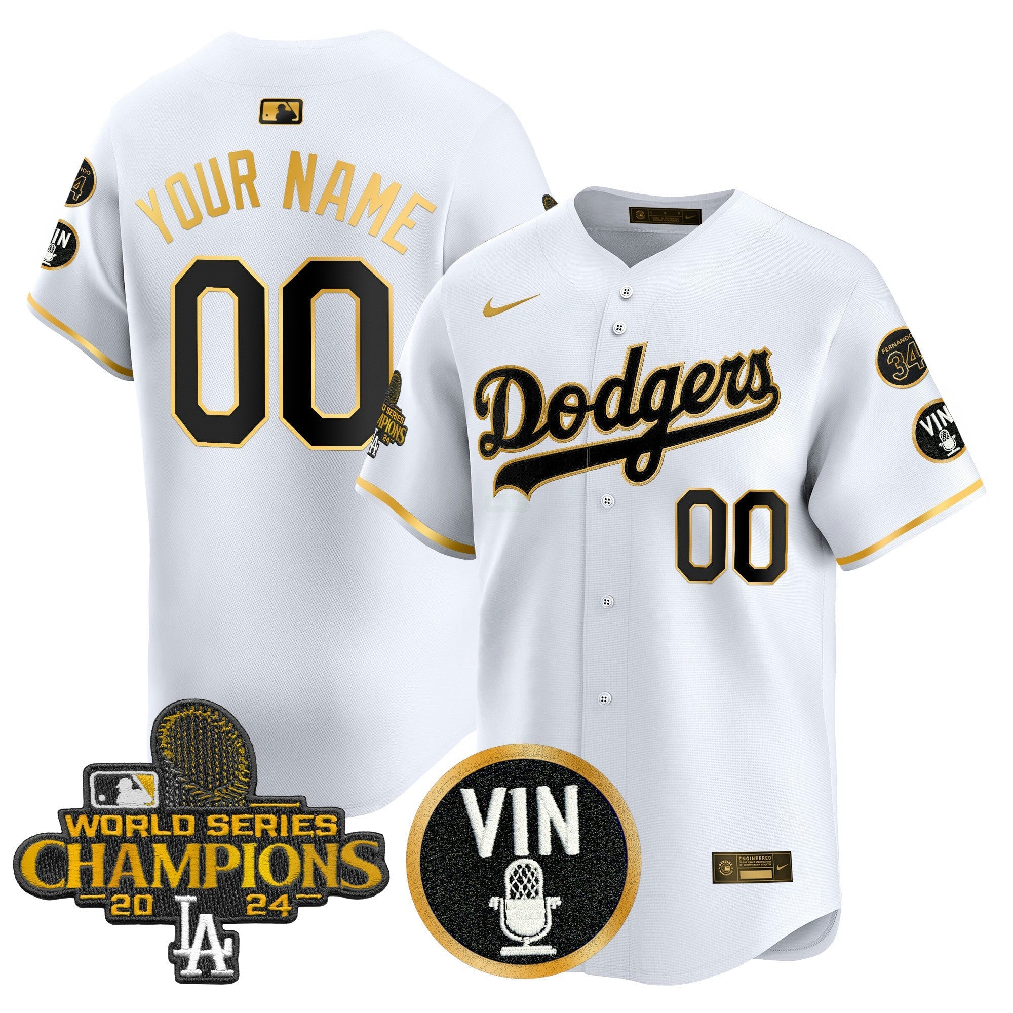 Camisa MLB 2025 Vin Scully & #34 Fernando Patch Dourada Vapor Premier Limited Jersey