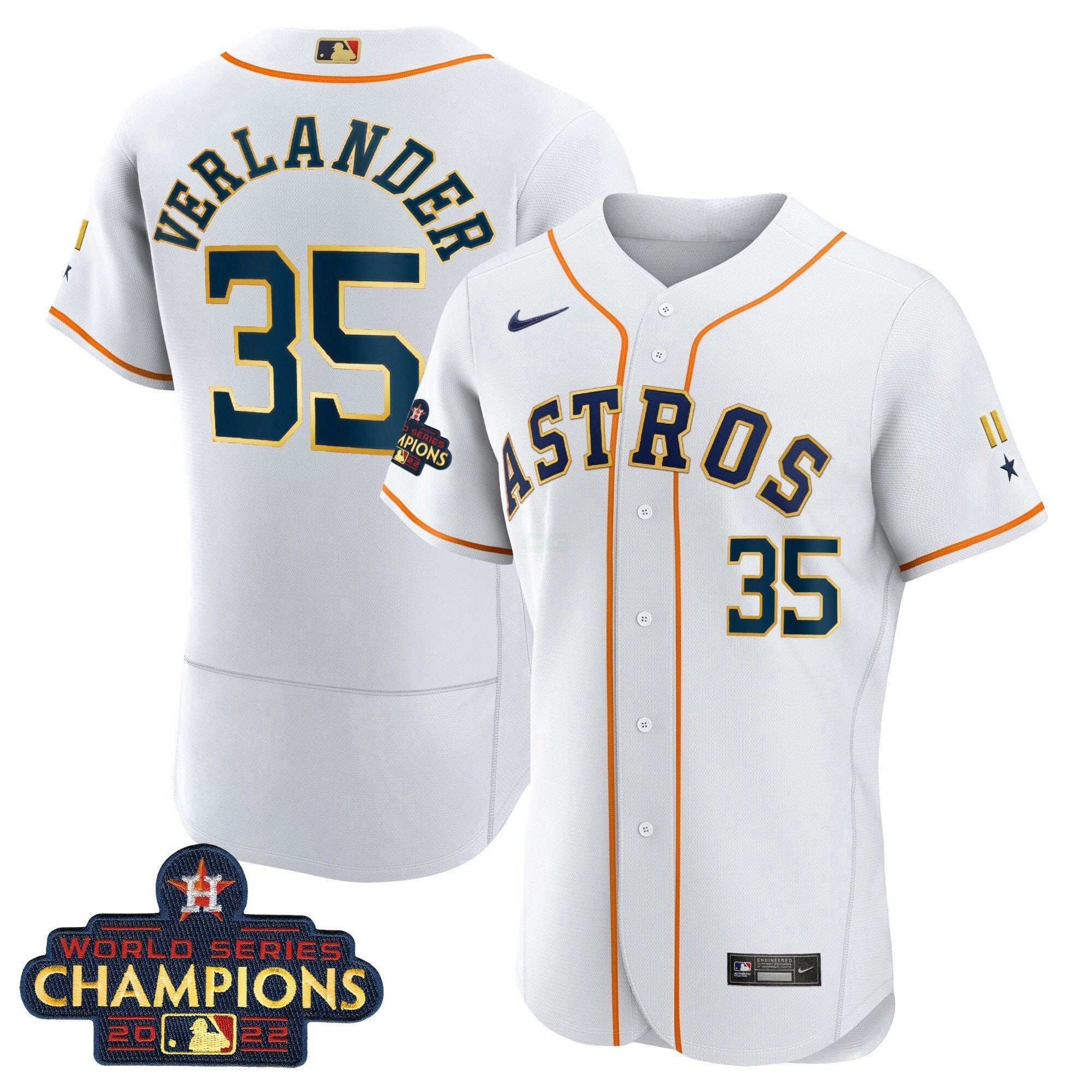 Camisa MLB Houston World Series Champion 2022 Branca Dourada Trim Jersey