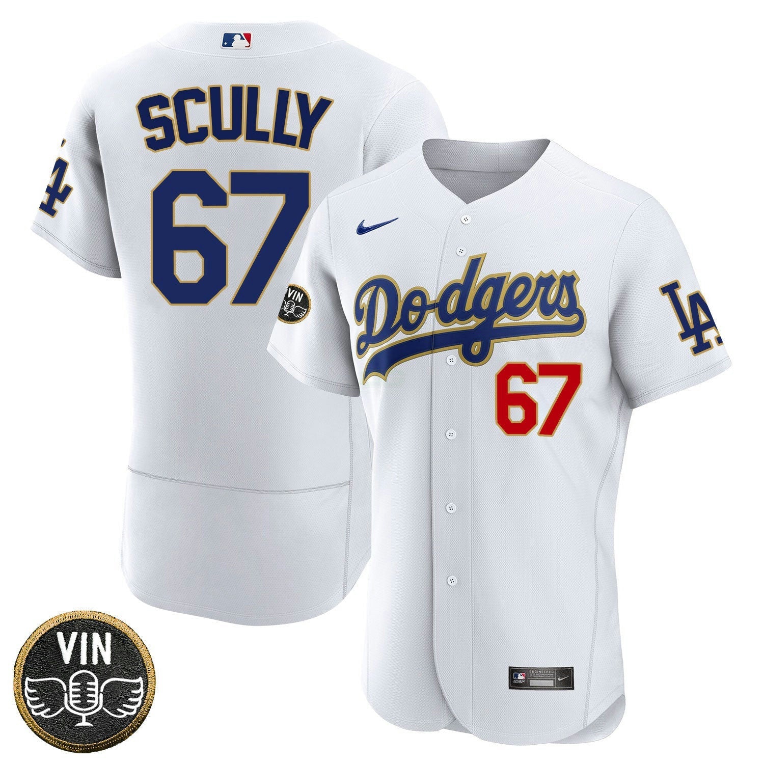 Camisa MLB Los Angeles Vin Scully Angel Patch Dourada Trim Jersey