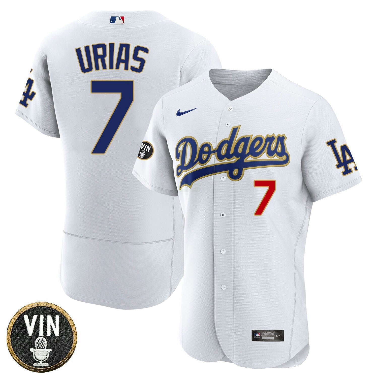 Camisa MLB Los Angeles Vin Scully Patch Dourada Trim Player Jersey – Branca