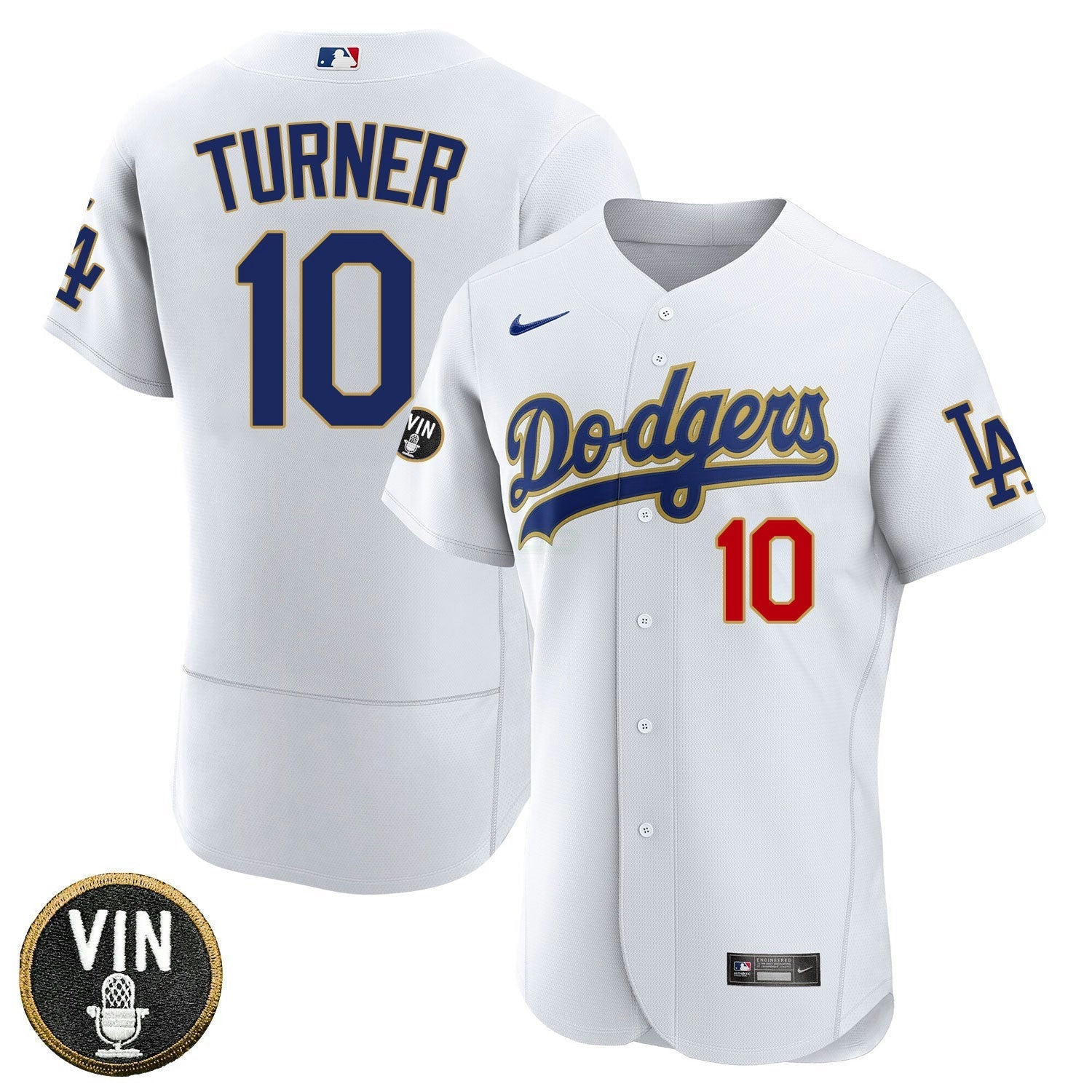 Camisa MLB Los Angeles Vin Scully Patch Dourada Trim Player Jersey – Branca