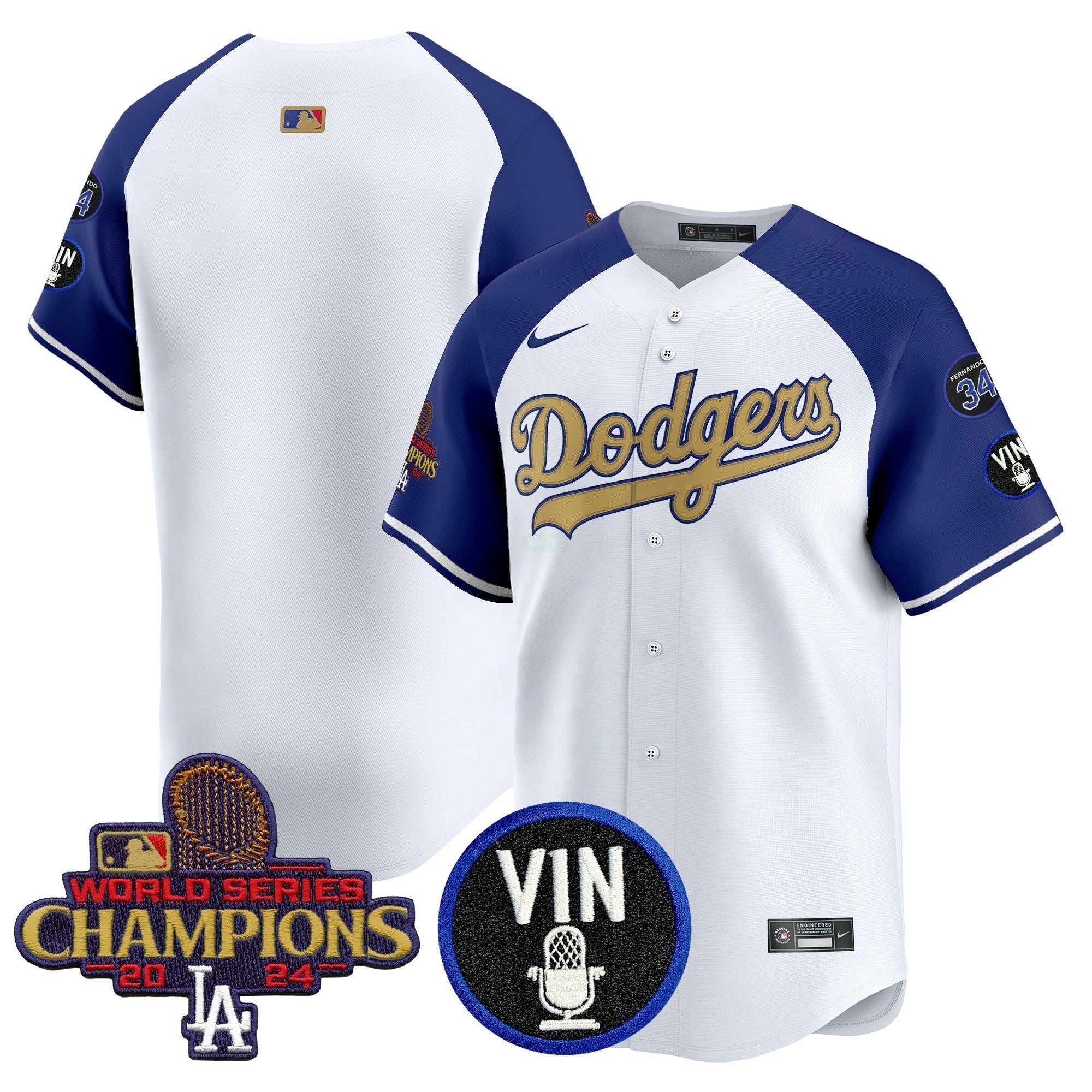Camisa MLB Men’s 2025 Vin Scully & #34 Fernando Patch Dourada Vapor Premier Limited Jersey