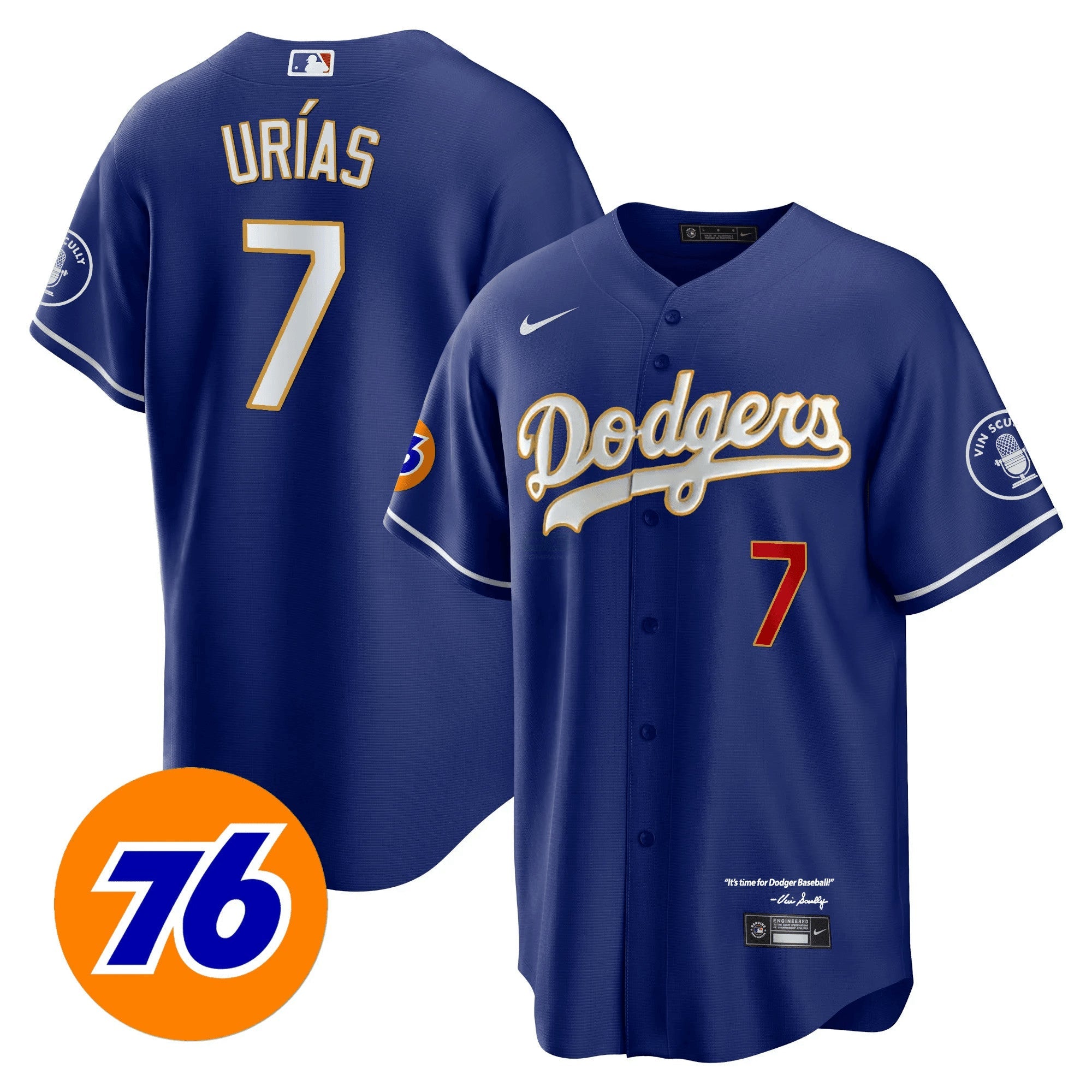 Camisa MLB Men’s Los Angeles Vin Scully 76 Patch Dourada Trim Player Jersey