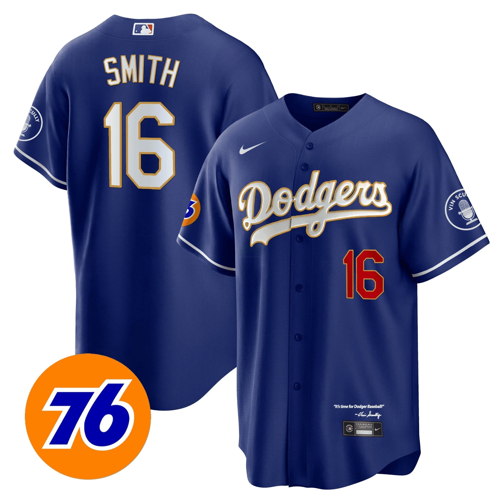 Camisa MLB Men’s Los Angeles Vin Scully 76 Patch Dourada Trim Player Jersey