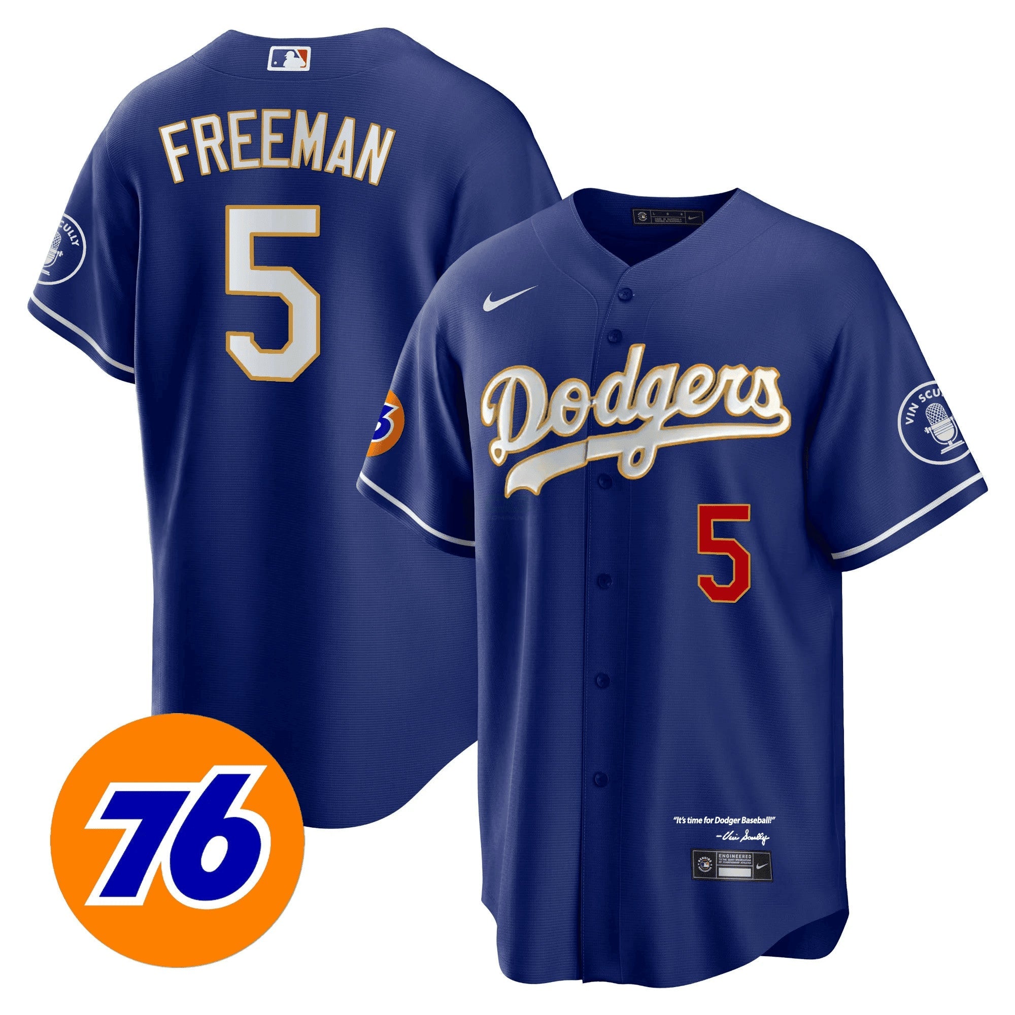 Camisa MLB Men’s Los Angeles Vin Scully 76 Patch Dourada Trim Player Jersey
