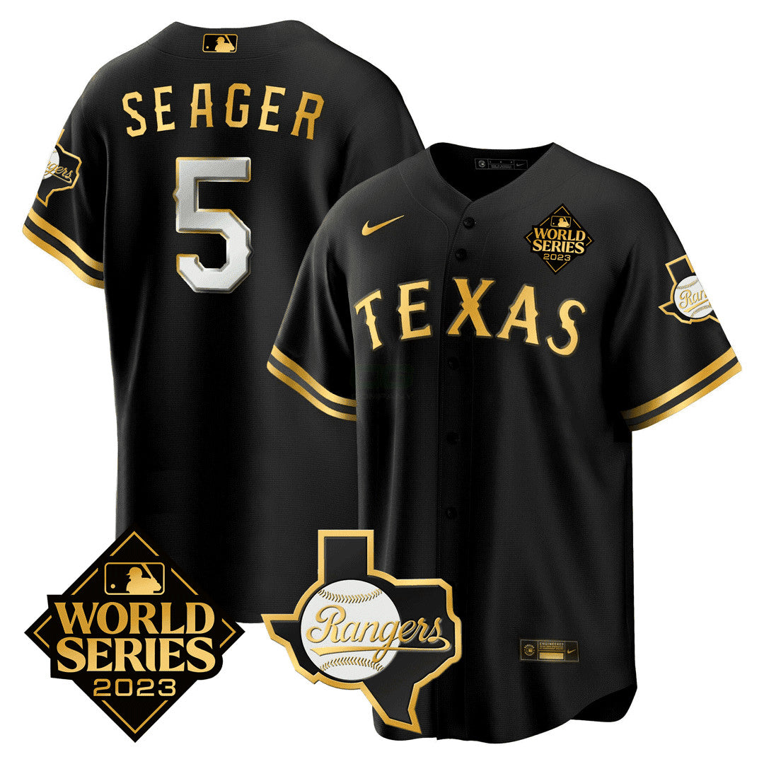 Camisa MLB Men’s Texas 2023 World Series & Texas State Patch Dourada Jersey