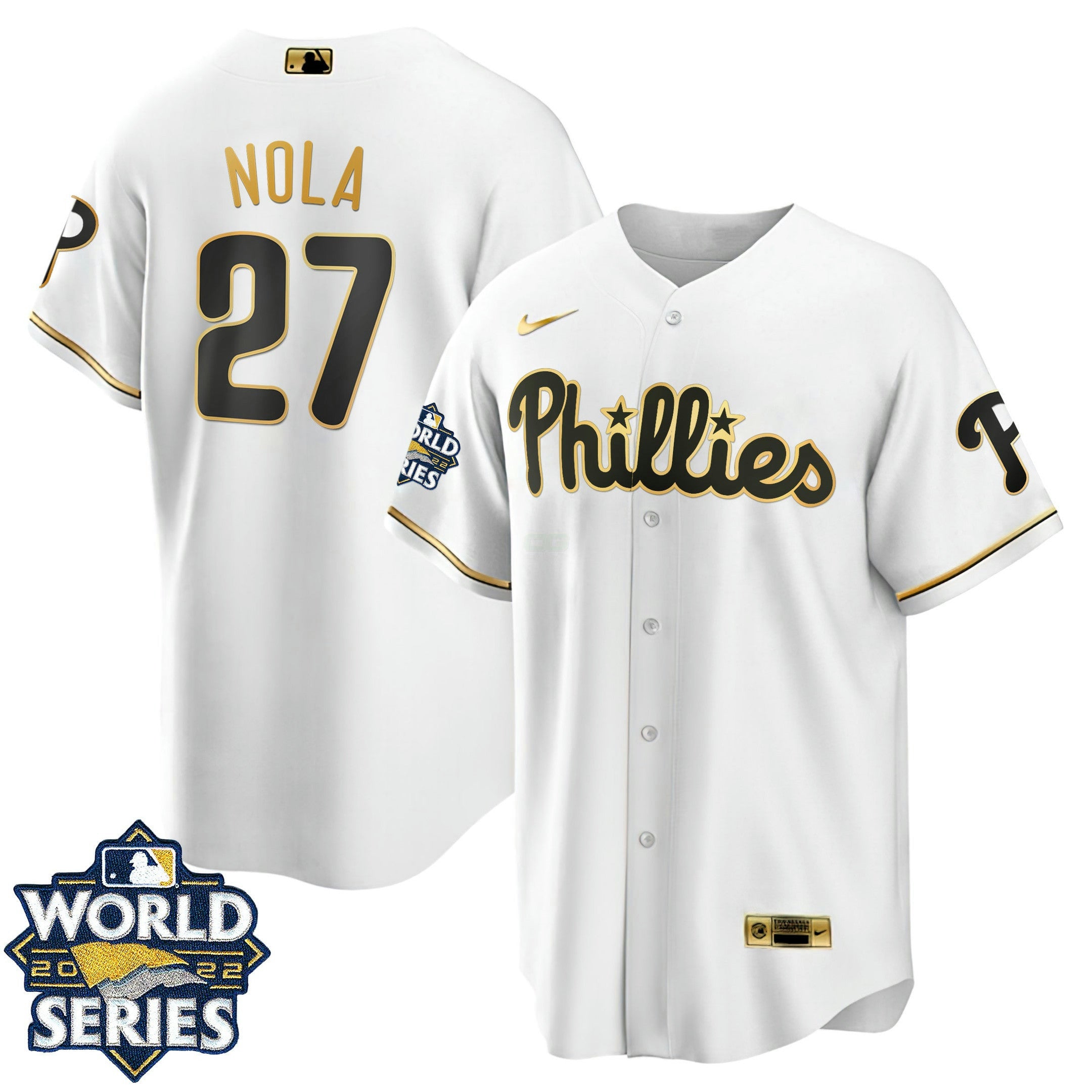 Camisa MLB Philadelphia Cool Base Branca Dourada 2022 World Series Jersey