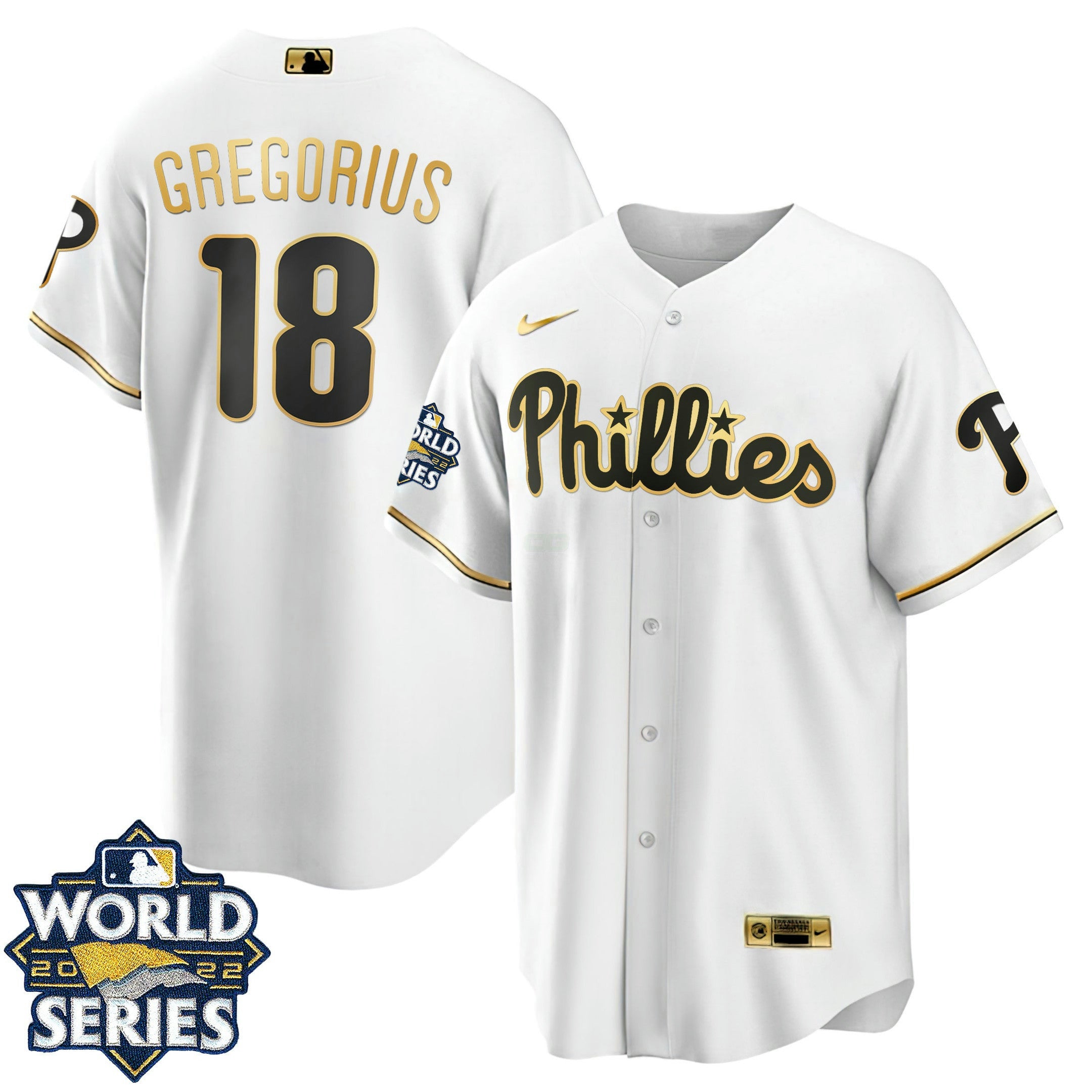Camisa MLB Philadelphia Cool Base Branca Dourada 2022 World Series Jersey