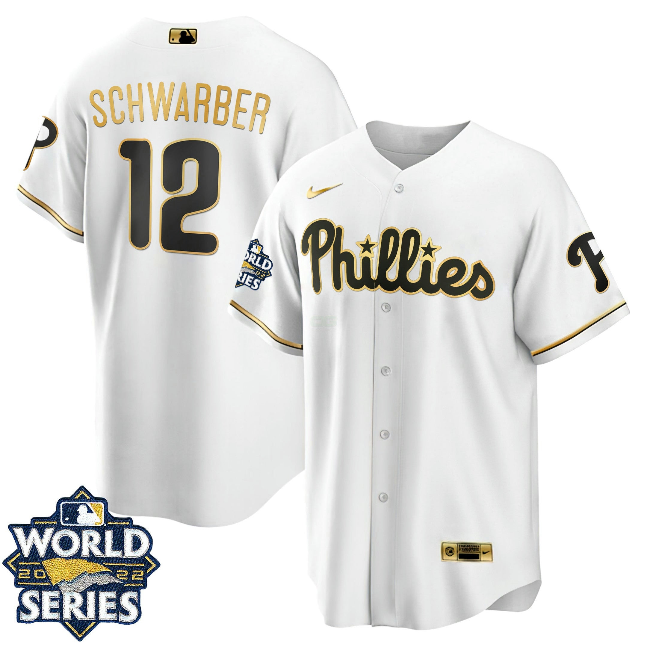 Camisa MLB Philadelphia Cool Base Branca Dourada 2022 World Series Jersey