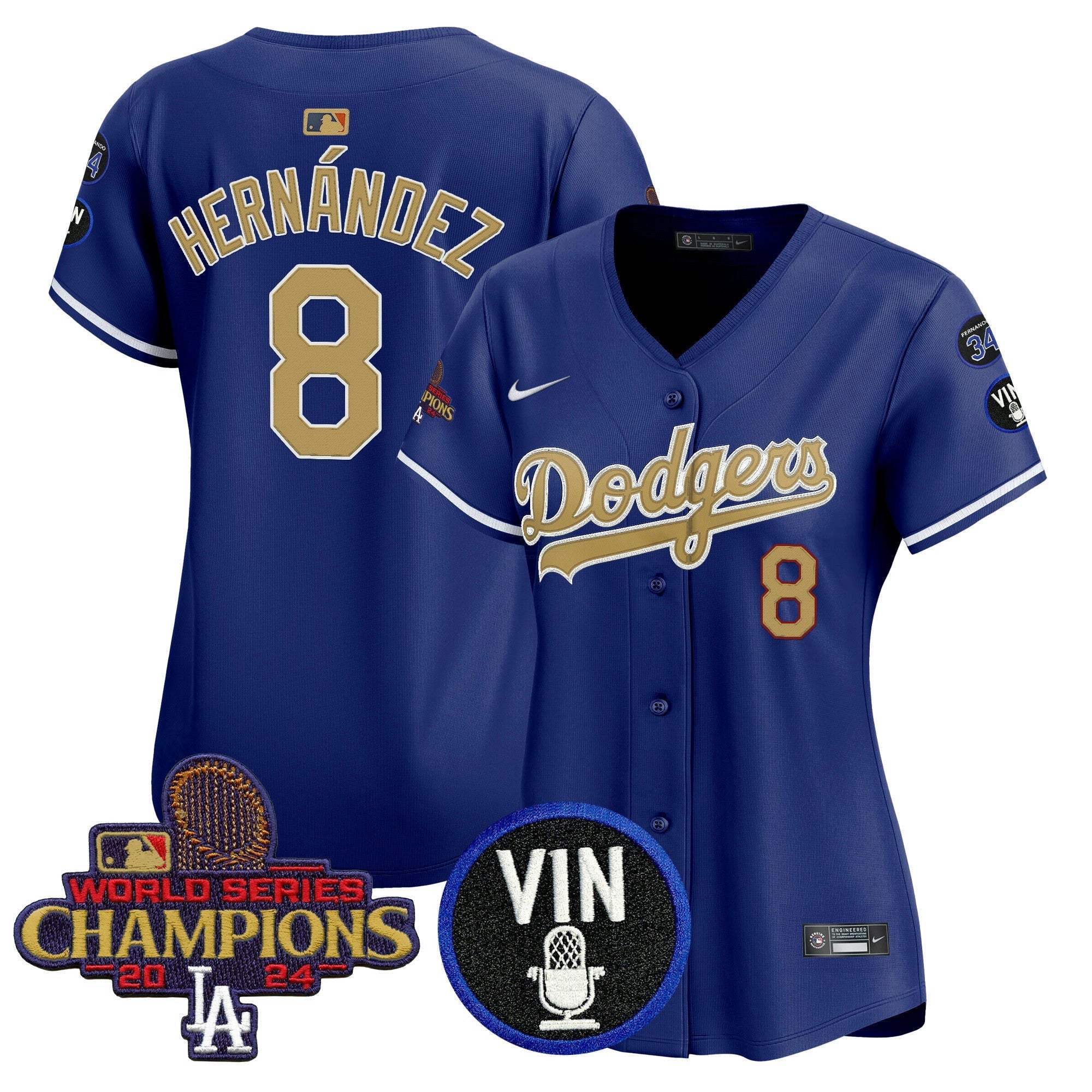 Camisa MLB Women’s 2025 Vin Scully & #34 Fernando Patch Dourada Vapor Premier Limited Jersey