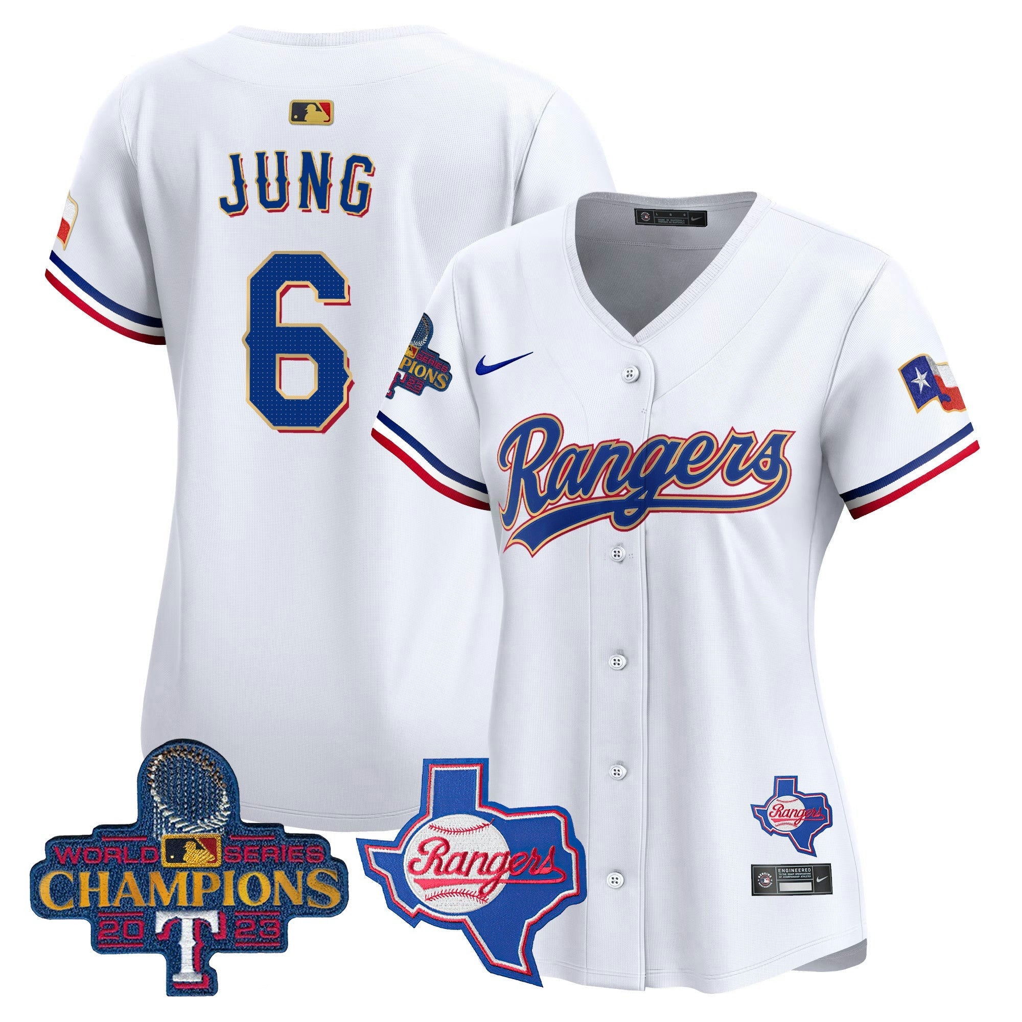 Camisa MLB Women’s Texas 2023 World Series Champions Dourada Trim Vapor Premier Limited Jersey V2