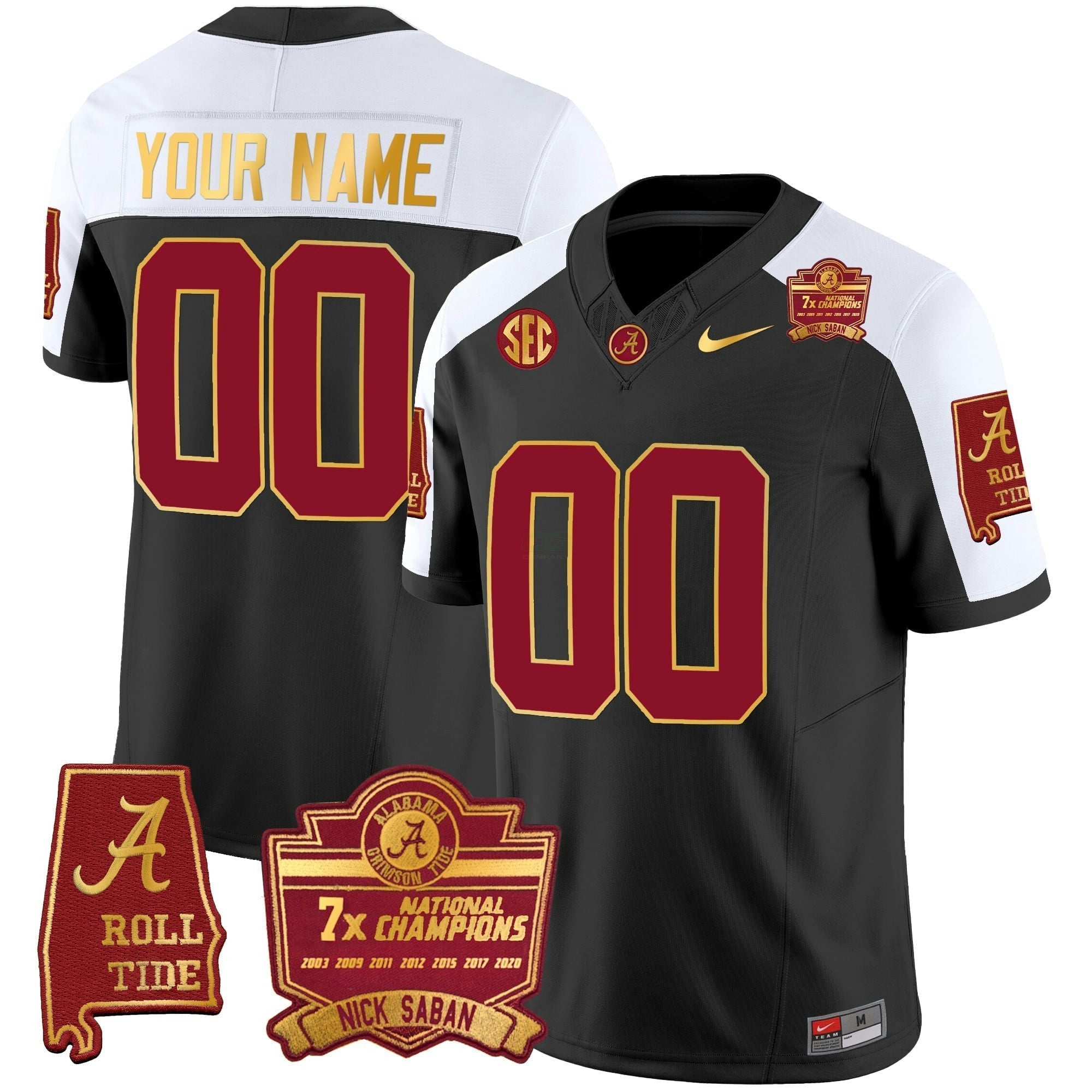 Camisa NCAA Nick Saban 7x Champions Patch Dourada Trim Jersey