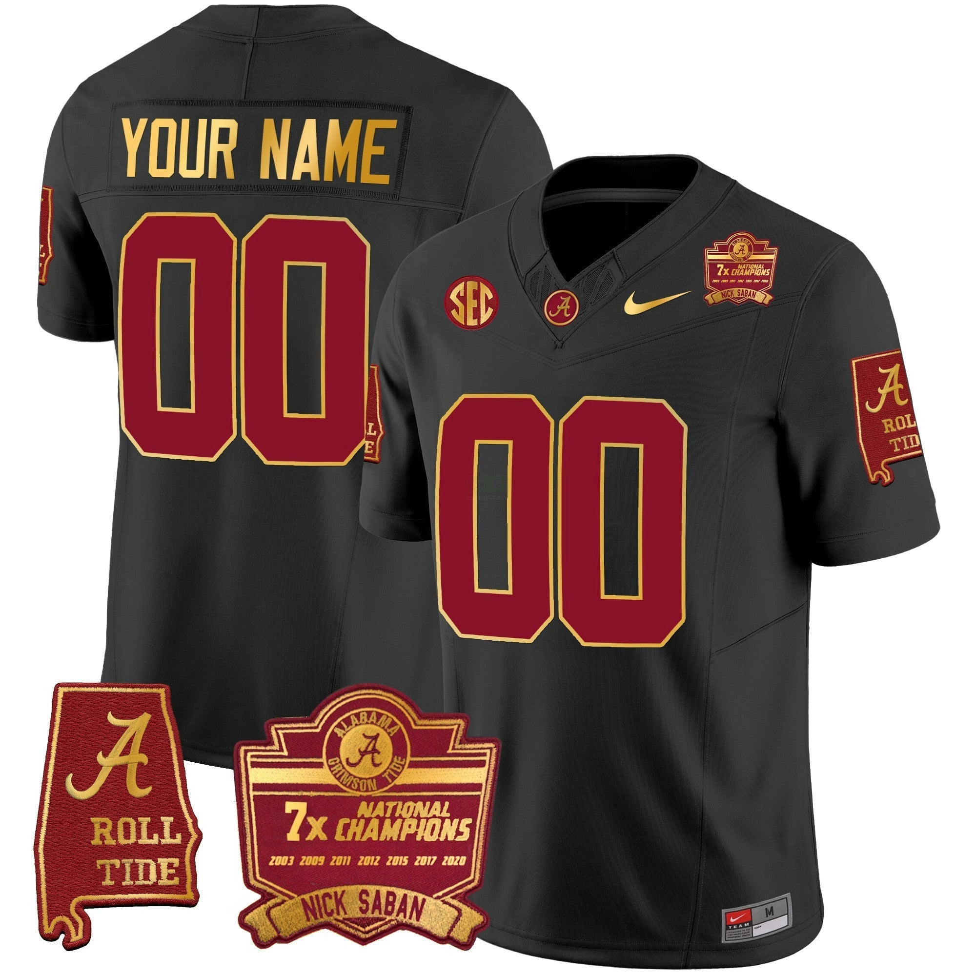 Camisa NCAA Nick Saban 7x Champions Patch Dourada Trim Jersey