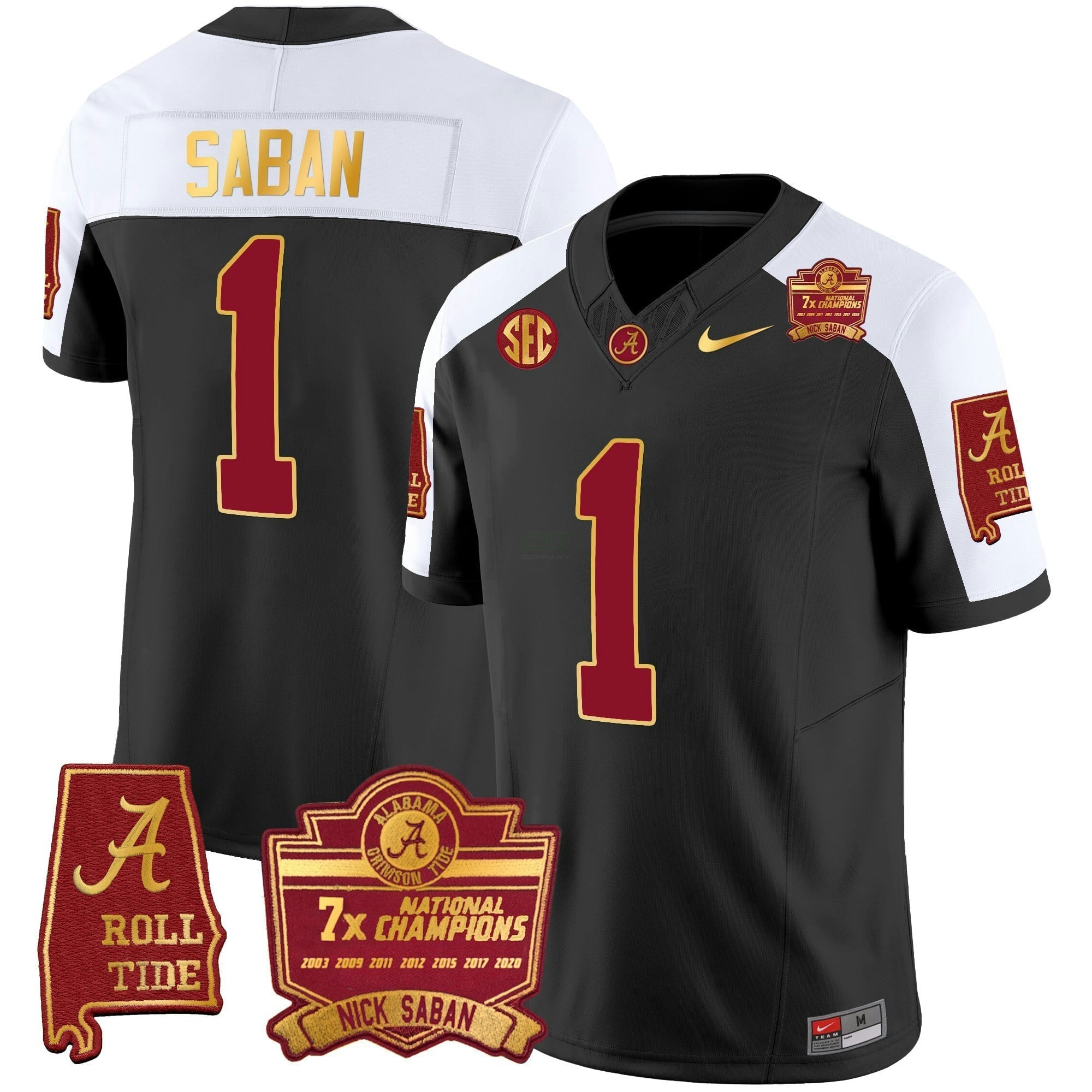 Camisa NCAA Nick Saban 7x Champions Patch Dourada Trim Jersey