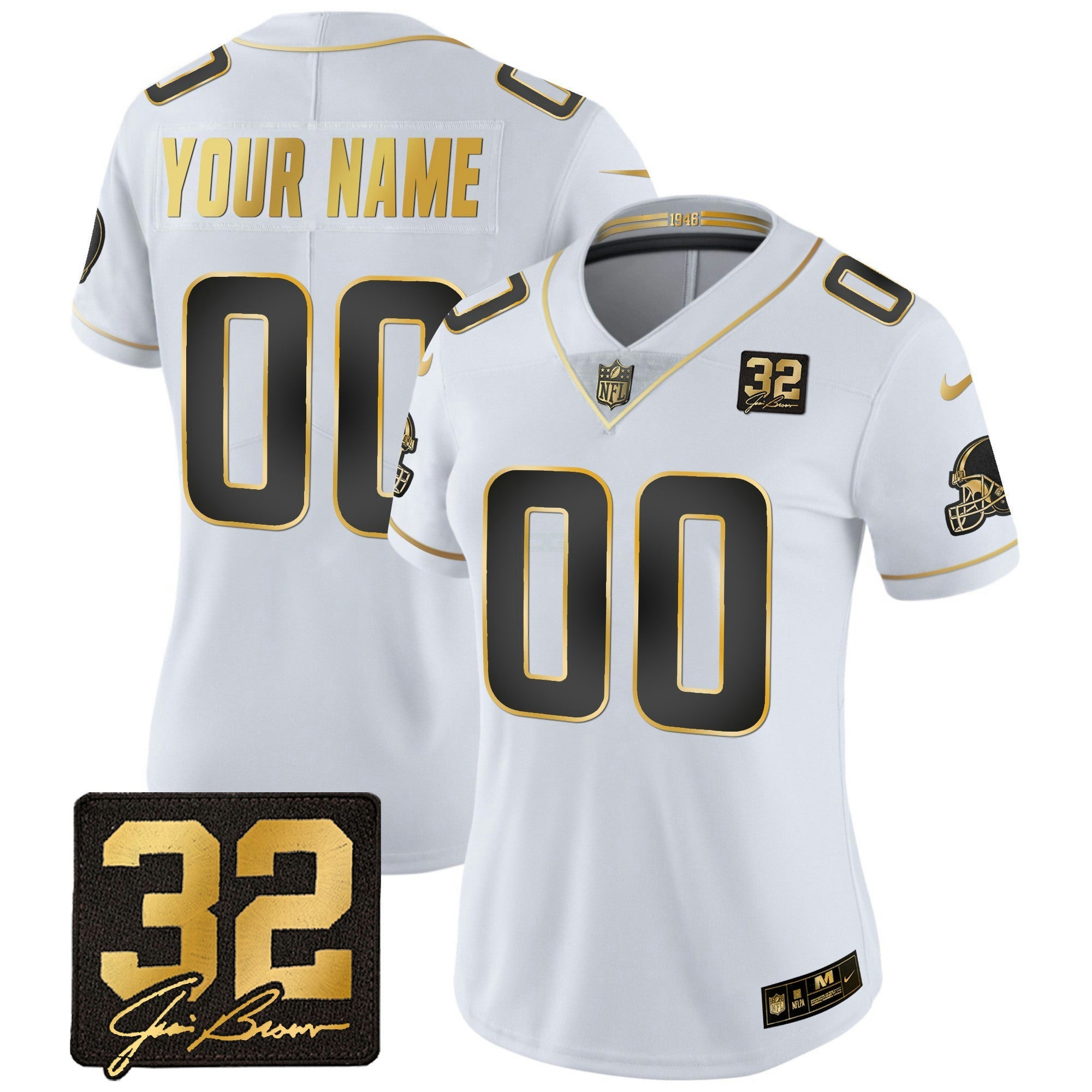 Camisa NFL #32 Jim Brown Memorial Patch Dourada Jersey