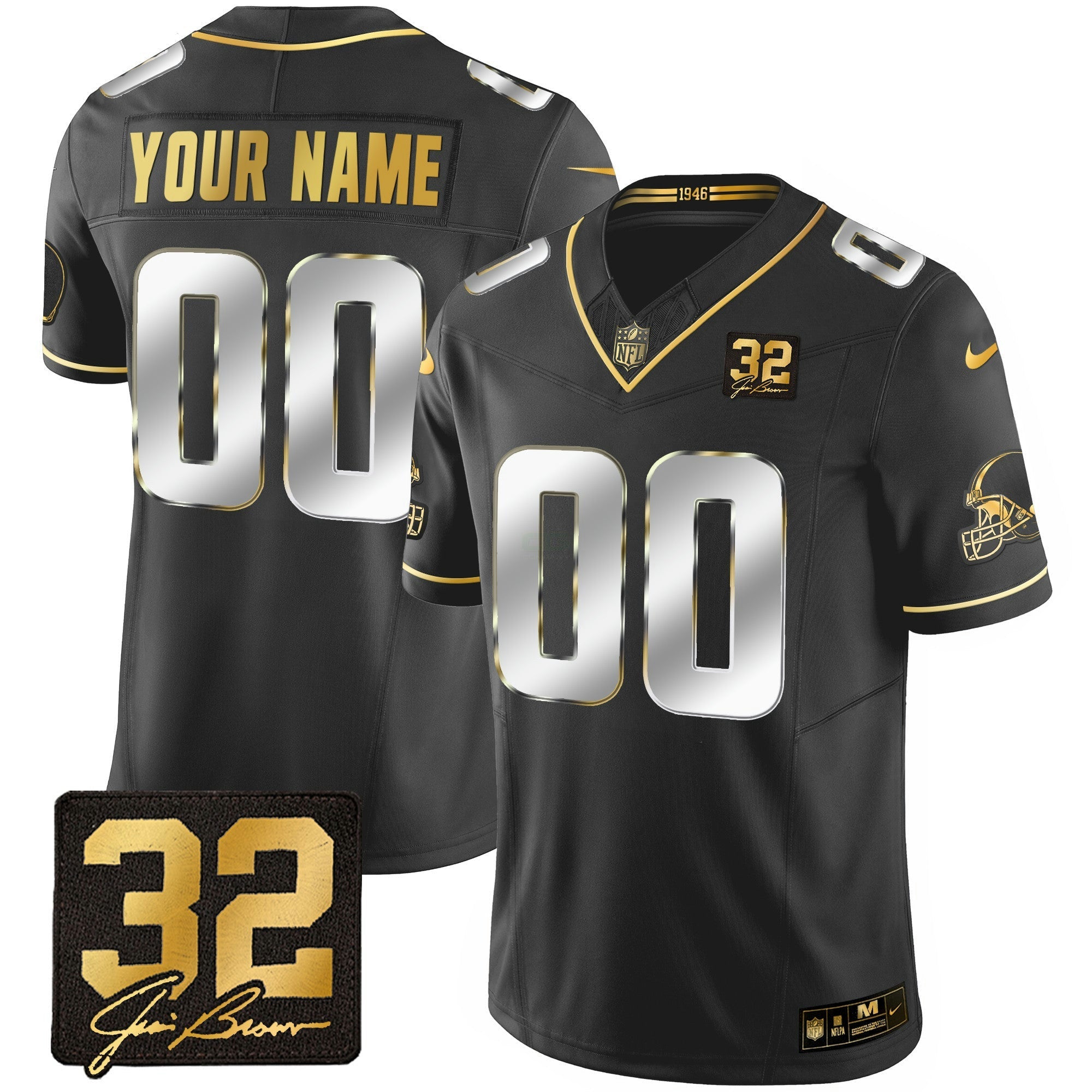 Camisa NFL #32 Jim Brown Memorial Patch Dourada Jersey