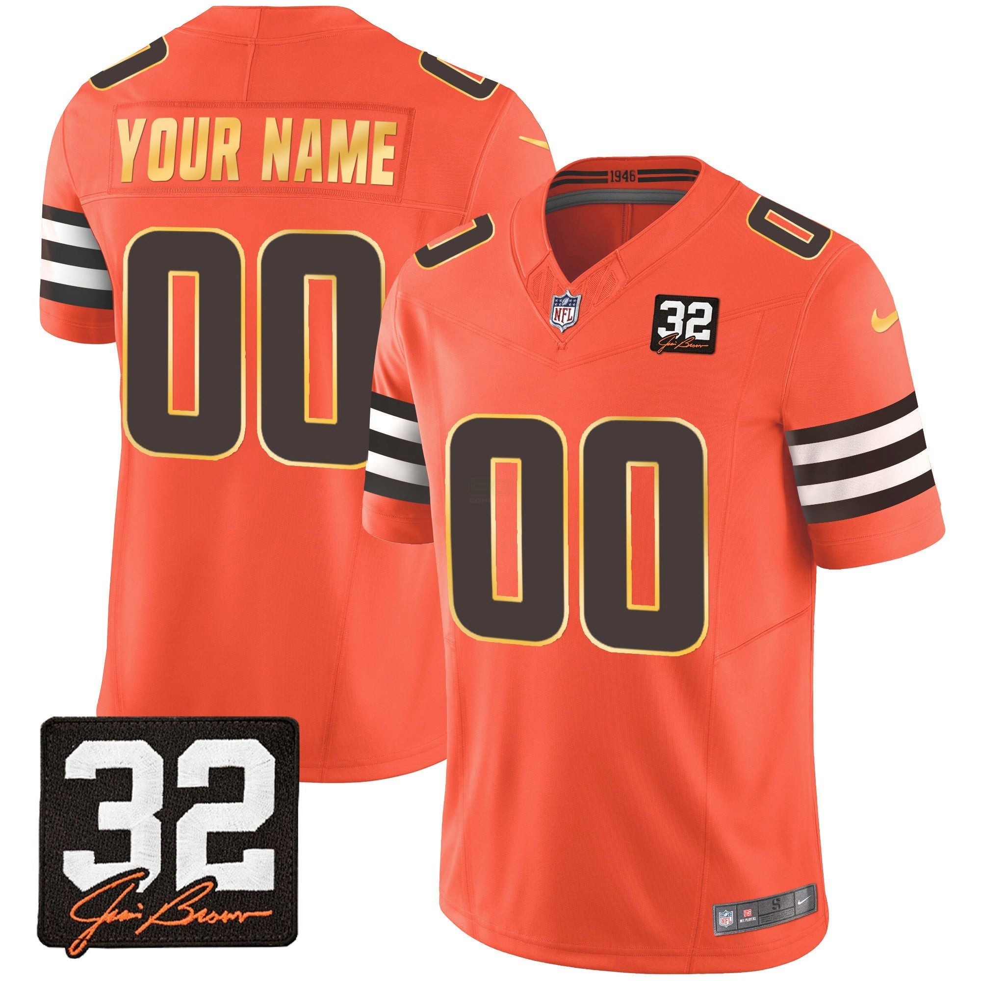 Camisa NFL #32 Jim Brown Memorial Patch Dourada Trim Jersey