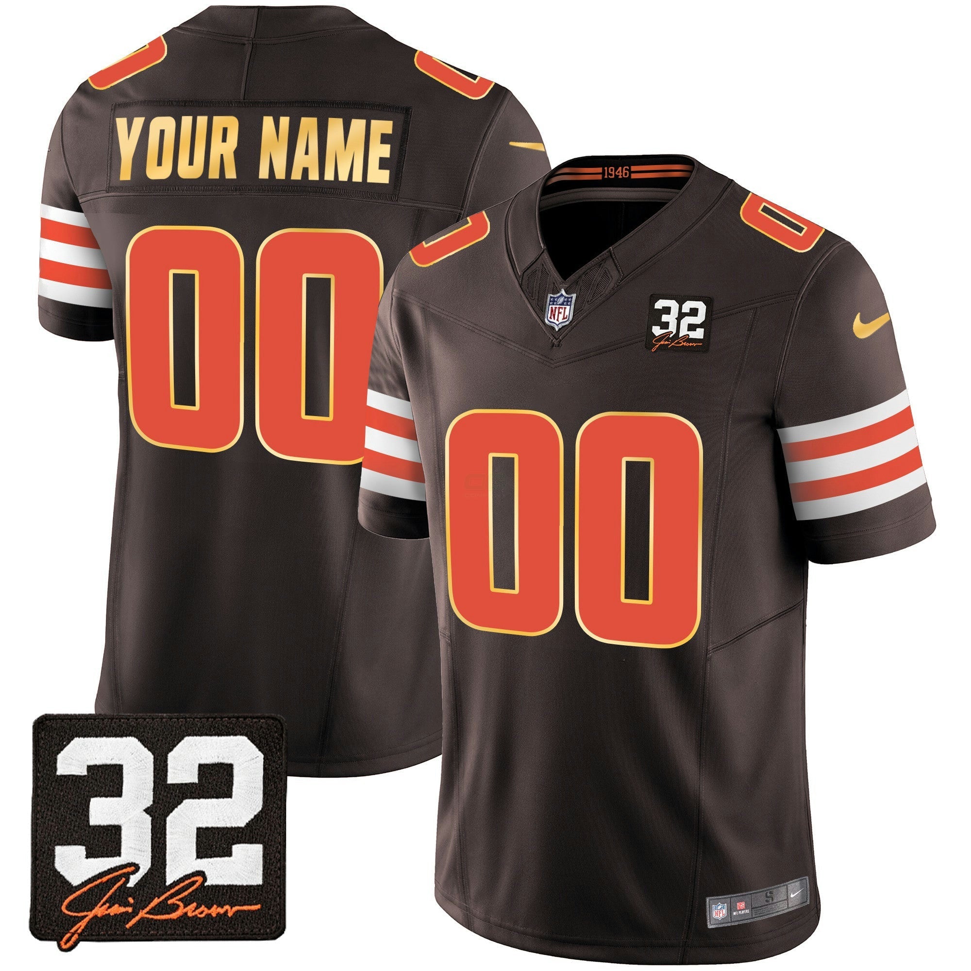 Camisa NFL #32 Jim Brown Memorial Patch Dourada Trim Jersey