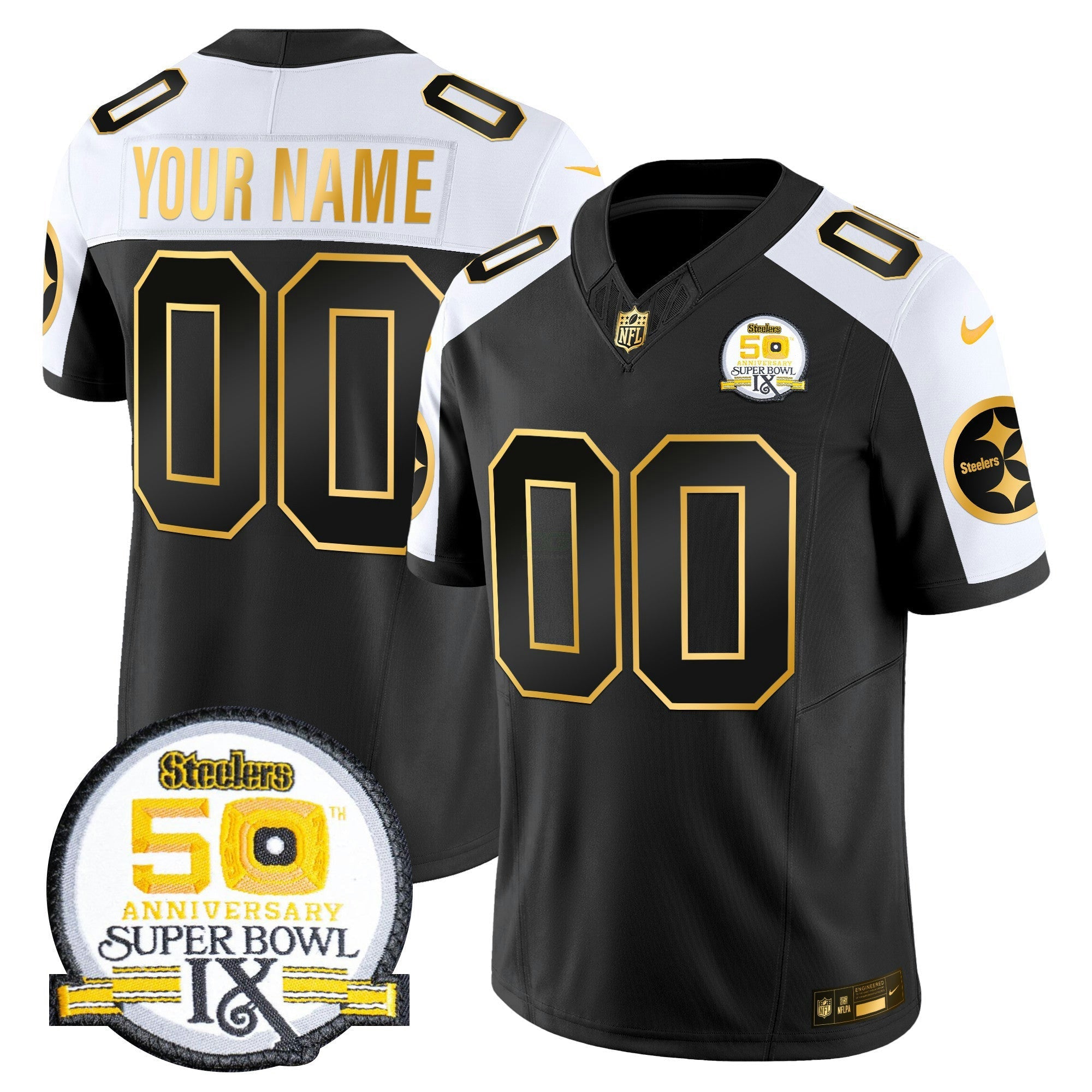 Camisa NFL 50th Anniversary of Super Bowl IX Patch Dourada Vapor Limited Jersey