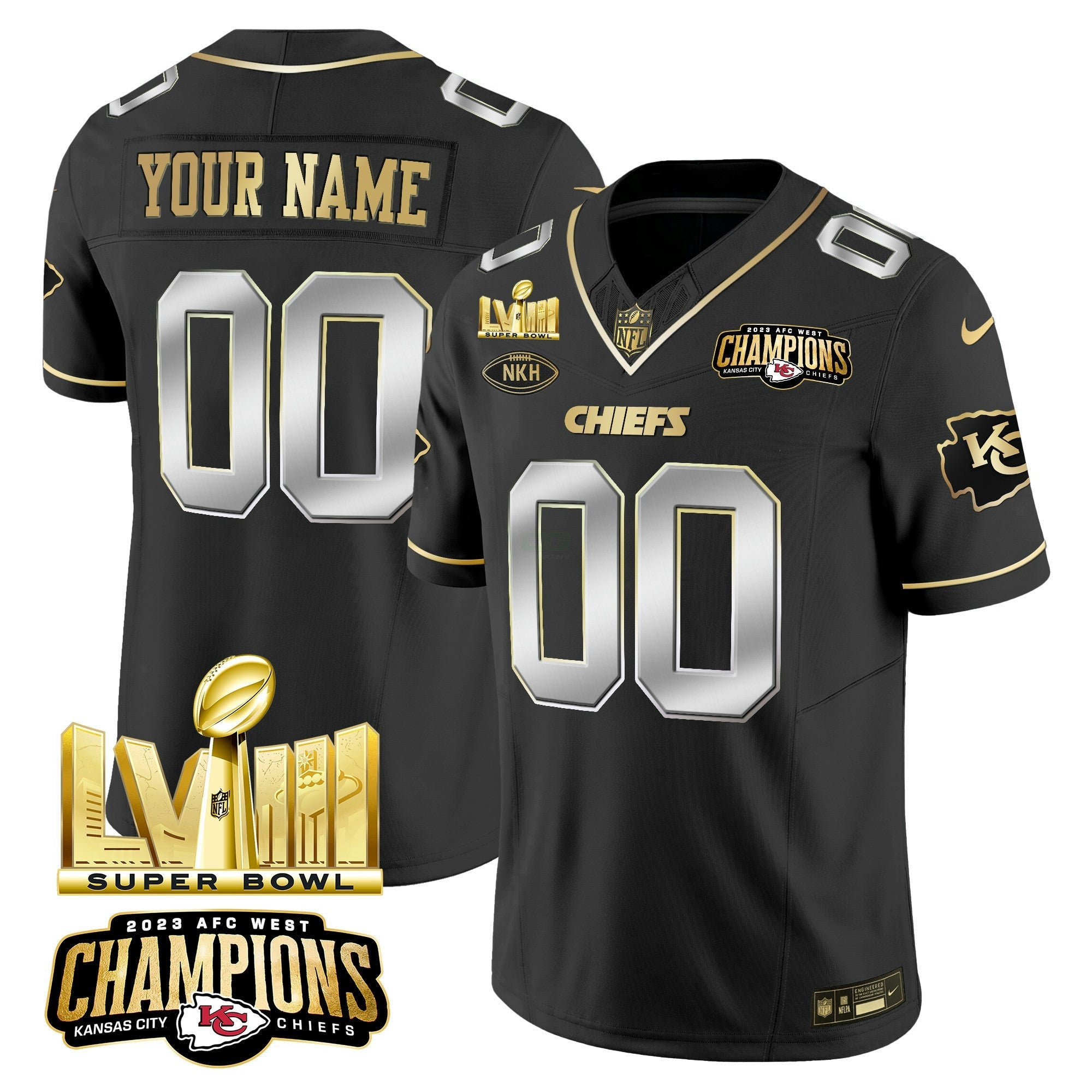 Camisa NFL AFC West Champions & Super Bowl LVIII Dourada Patch Vapor Jersey V2