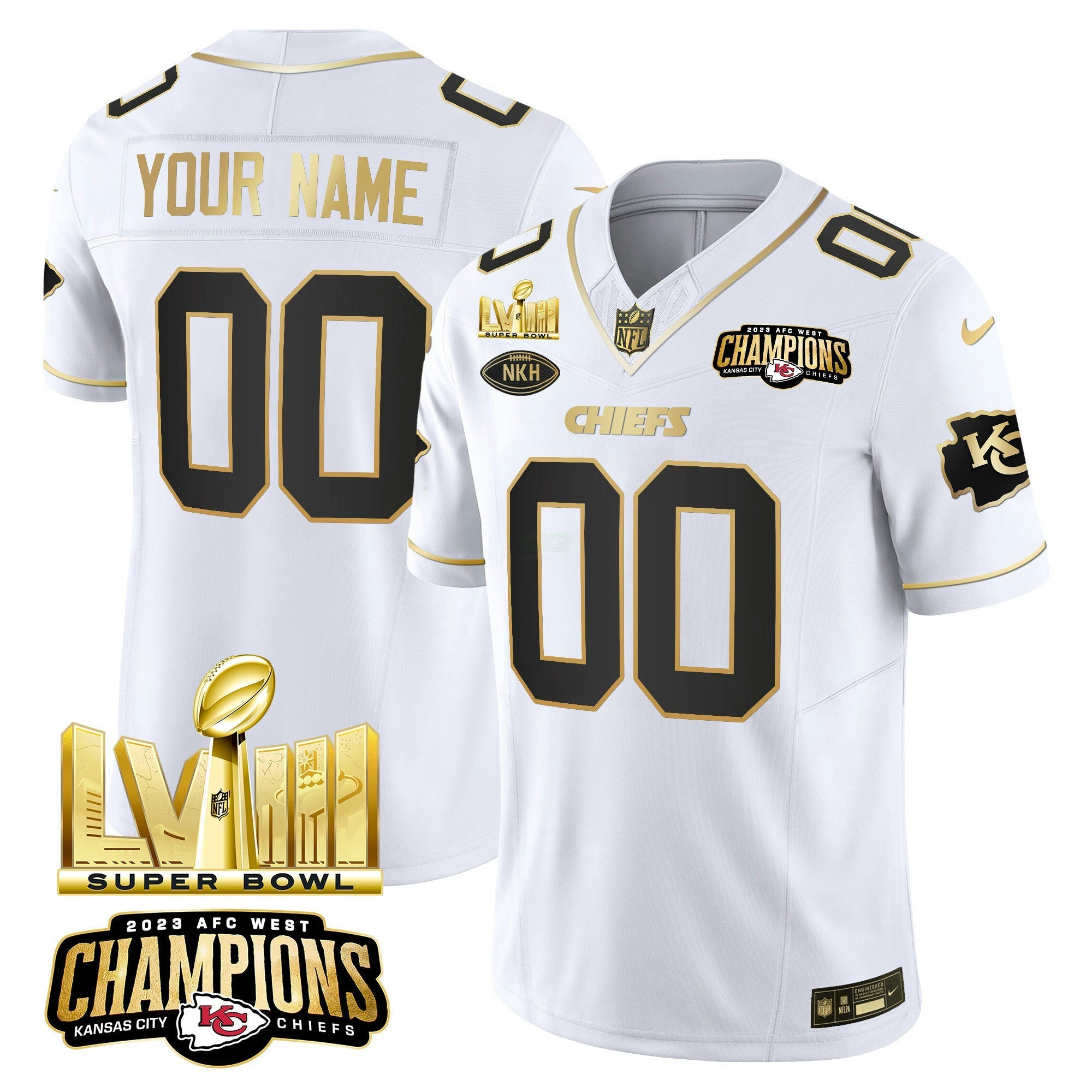 Camisa NFL AFC West Champions & Super Bowl LVIII Dourada Patch Vapor Jersey V2