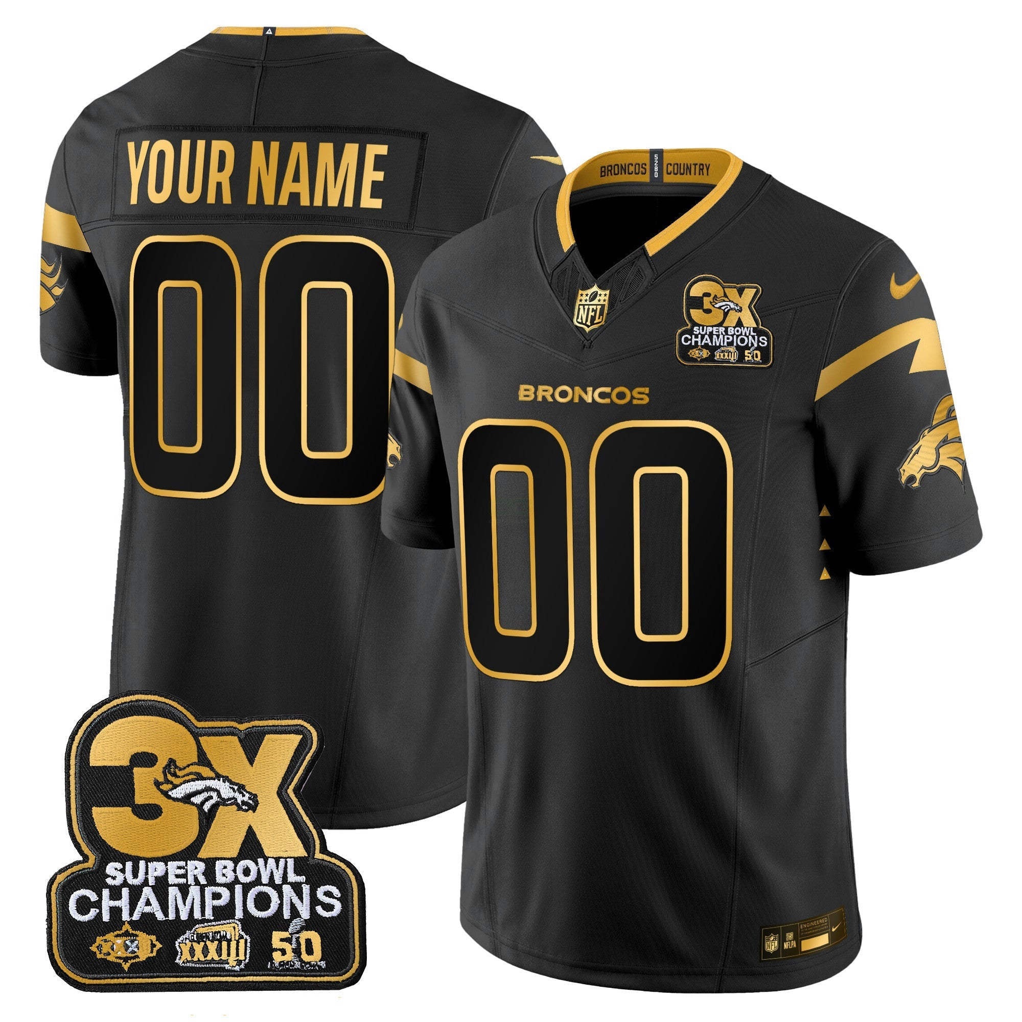Camisa NFL Denver 3-Time Champions Patch Dourada Vapor Limited Jersey