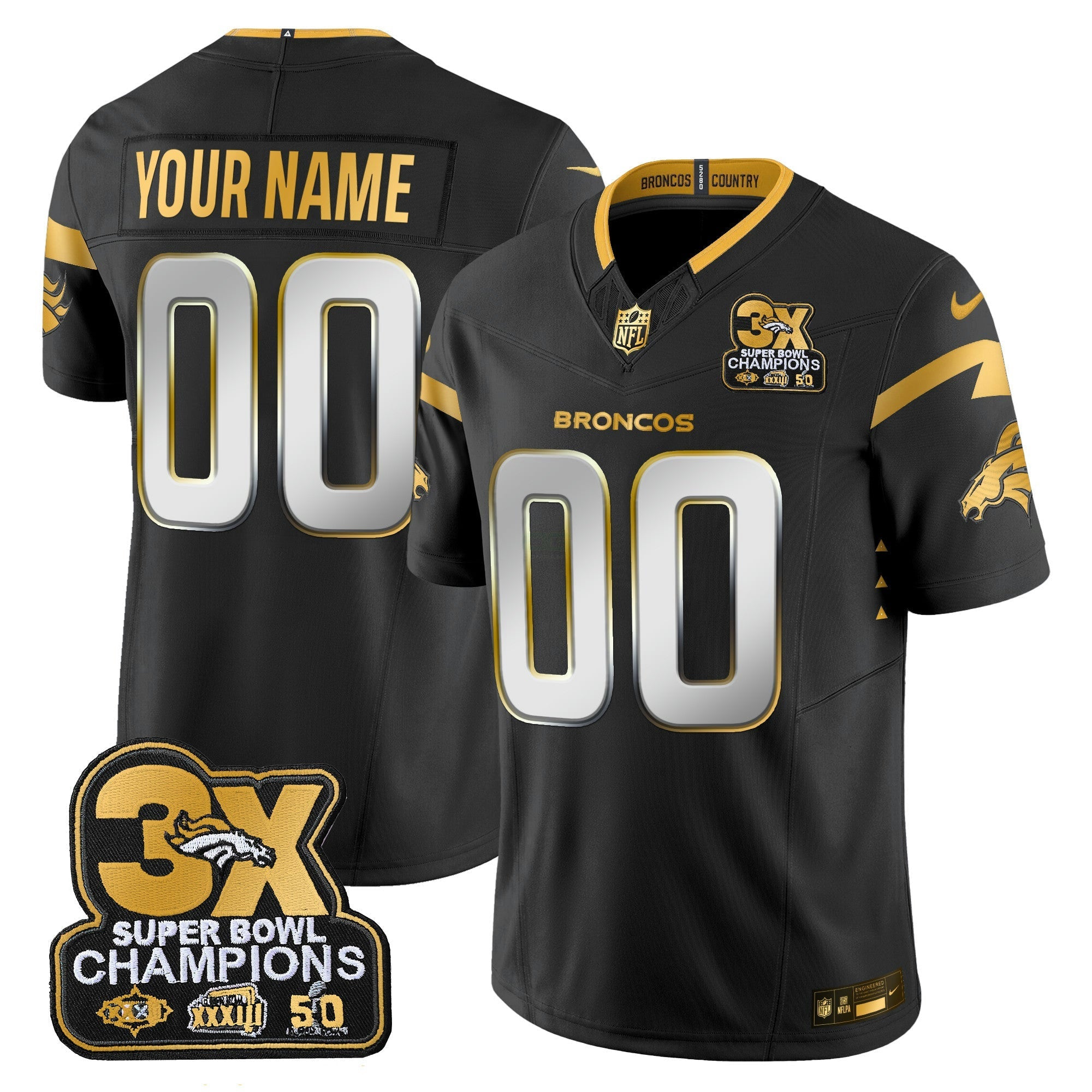 Camisa NFL Denver 3-Time Champions Patch Dourada Vapor Limited Jersey