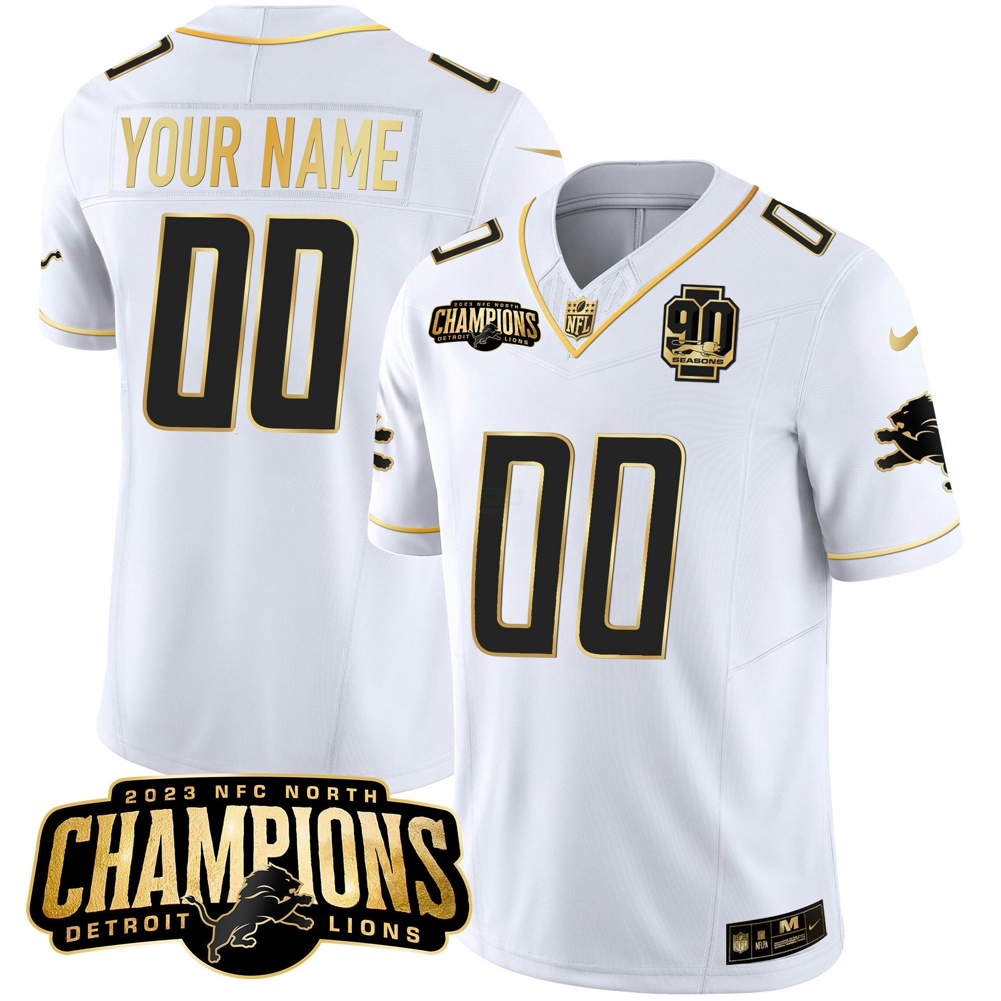 Camisa NFL Detroit 2023 NFC North Champions Patch Dourada Vapor Jersey V2