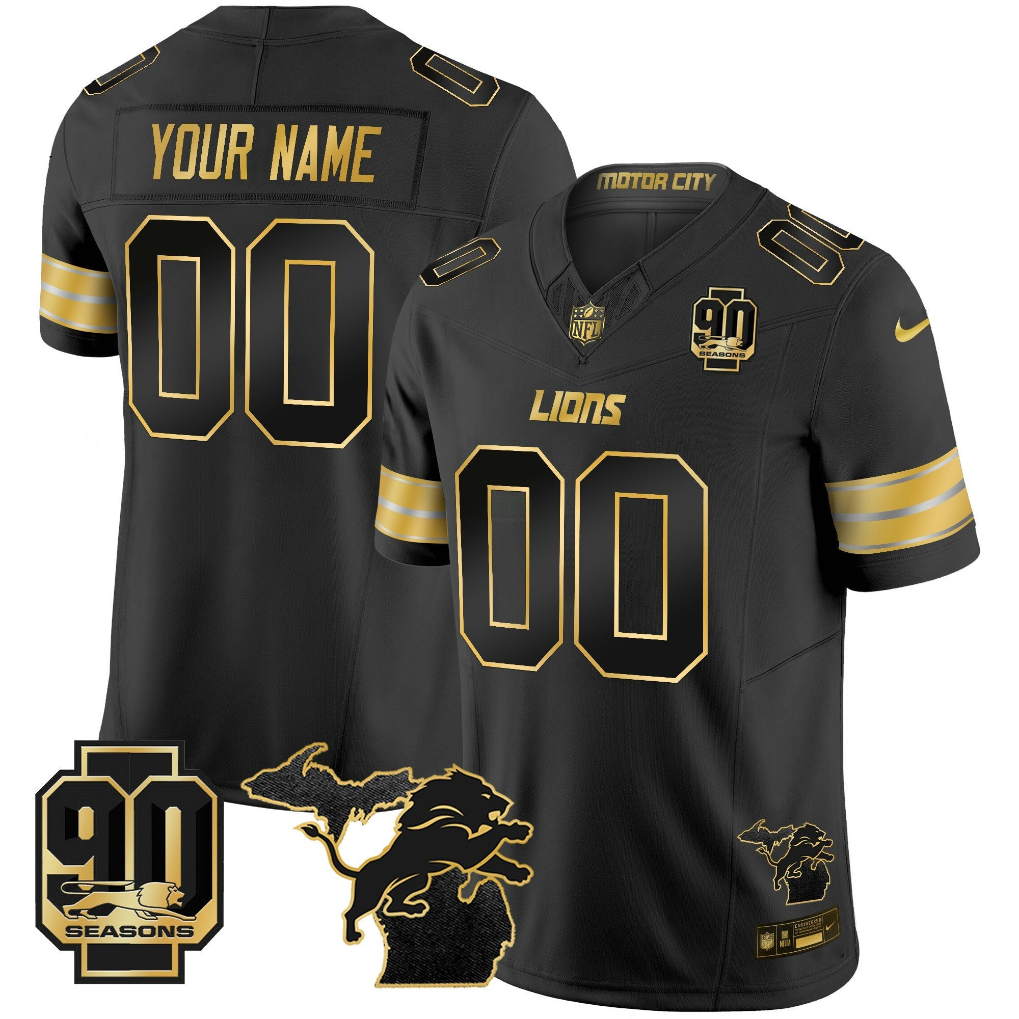 Camisa NFL Detroit 2025 Michigan & 90th Season Patch Dourada Vapor Limited Jersey