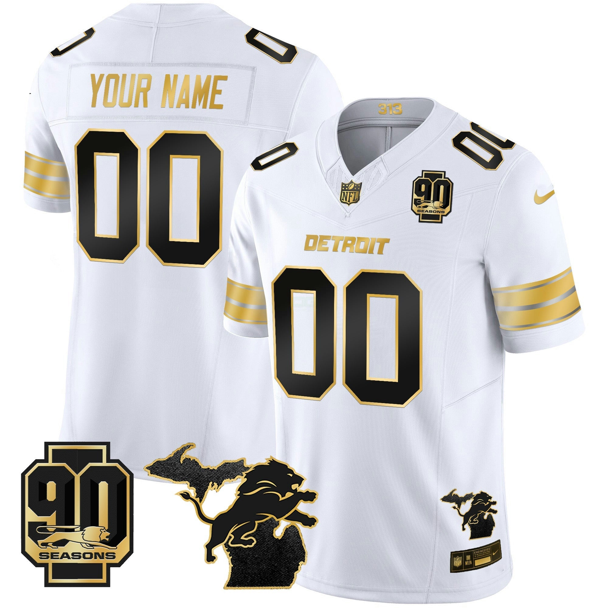 Camisa NFL Detroit 2025 Michigan & 90th Season Patch Dourada Vapor Limited Jersey