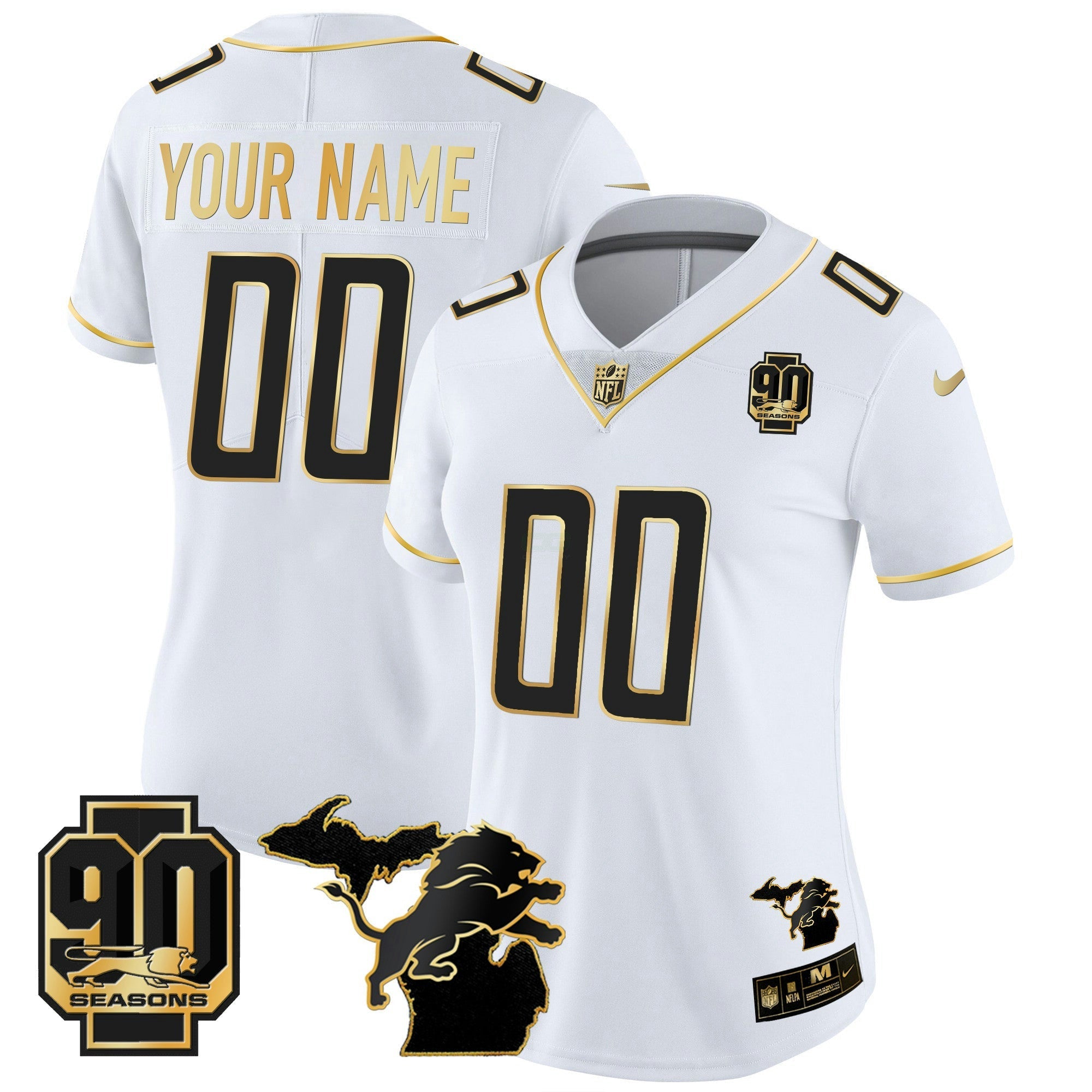 Camisa NFL Detroit 90th Year & Michigan Patch Dourada Vapor Jersey