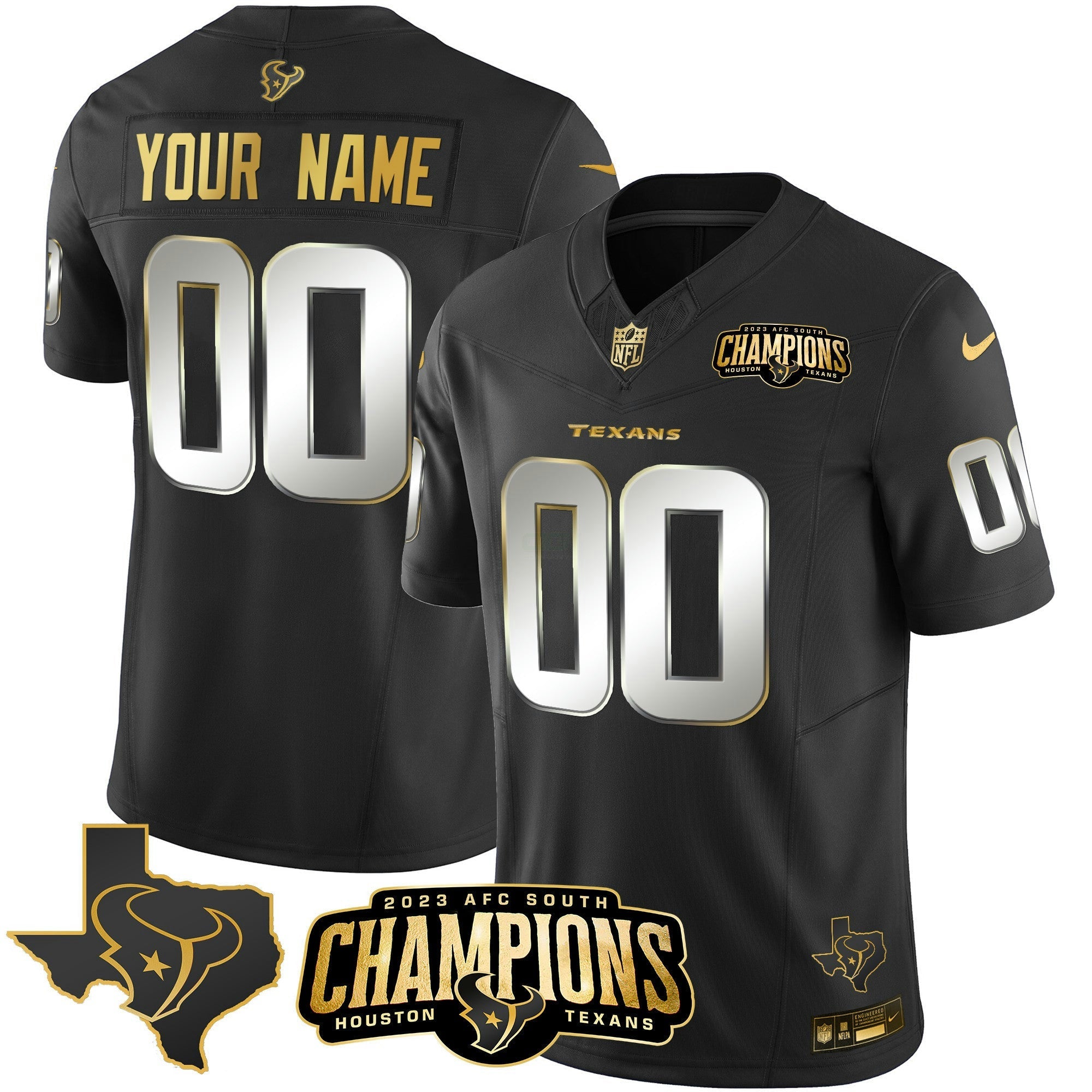 Camisa NFL Houston 2023 AFC South Champions Patch Dourada Vapor Jersey