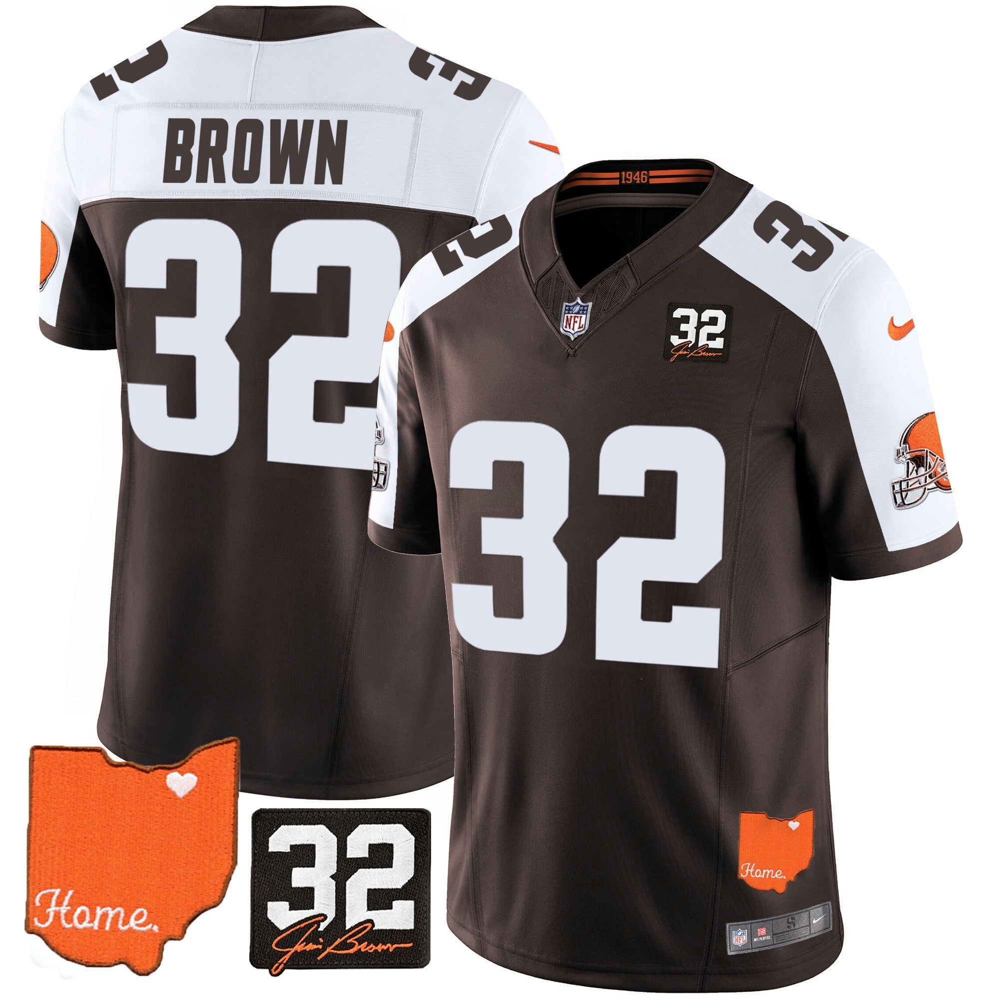 Camisa NFL Jim Brown #32 Jim Brown Memorial & Home Patch Jersey