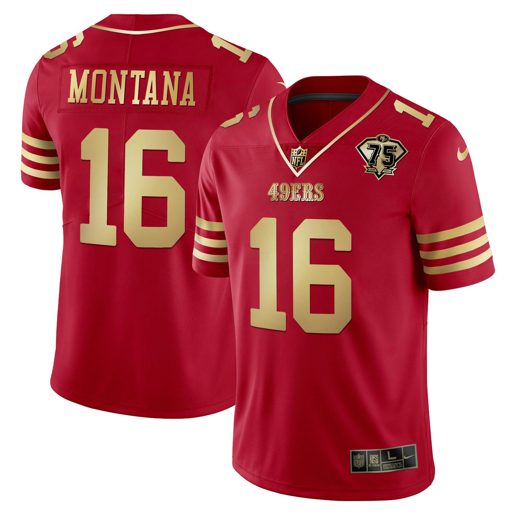 Camisa NFL Joe Montana 75th Anniversary Patch Vermelha Dourada Jersey - Joe Montana