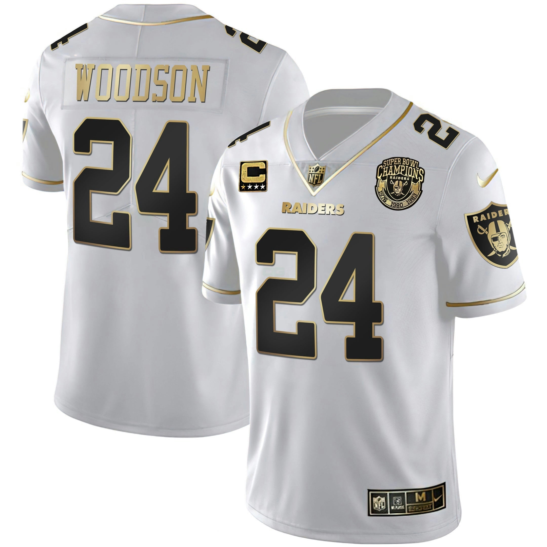 Camisa NFL Men’s 1976 – 1980 – 1983 Super Bowl Champions Patch Branca Dourada and Preta Dourada