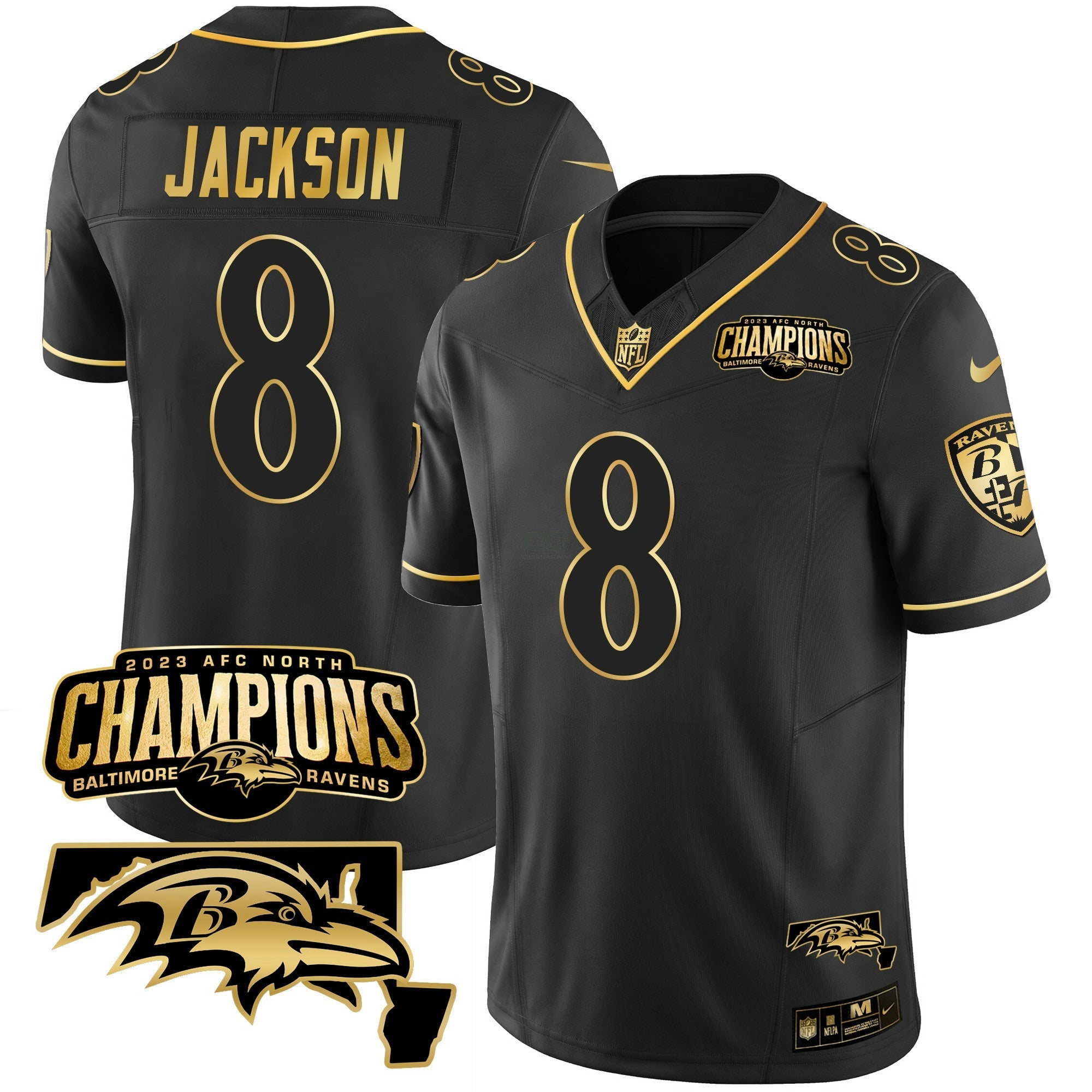 Camisa NFL Men’s 2023 AFC North Champions & Maryland Patch Dourada Vapor Jersey