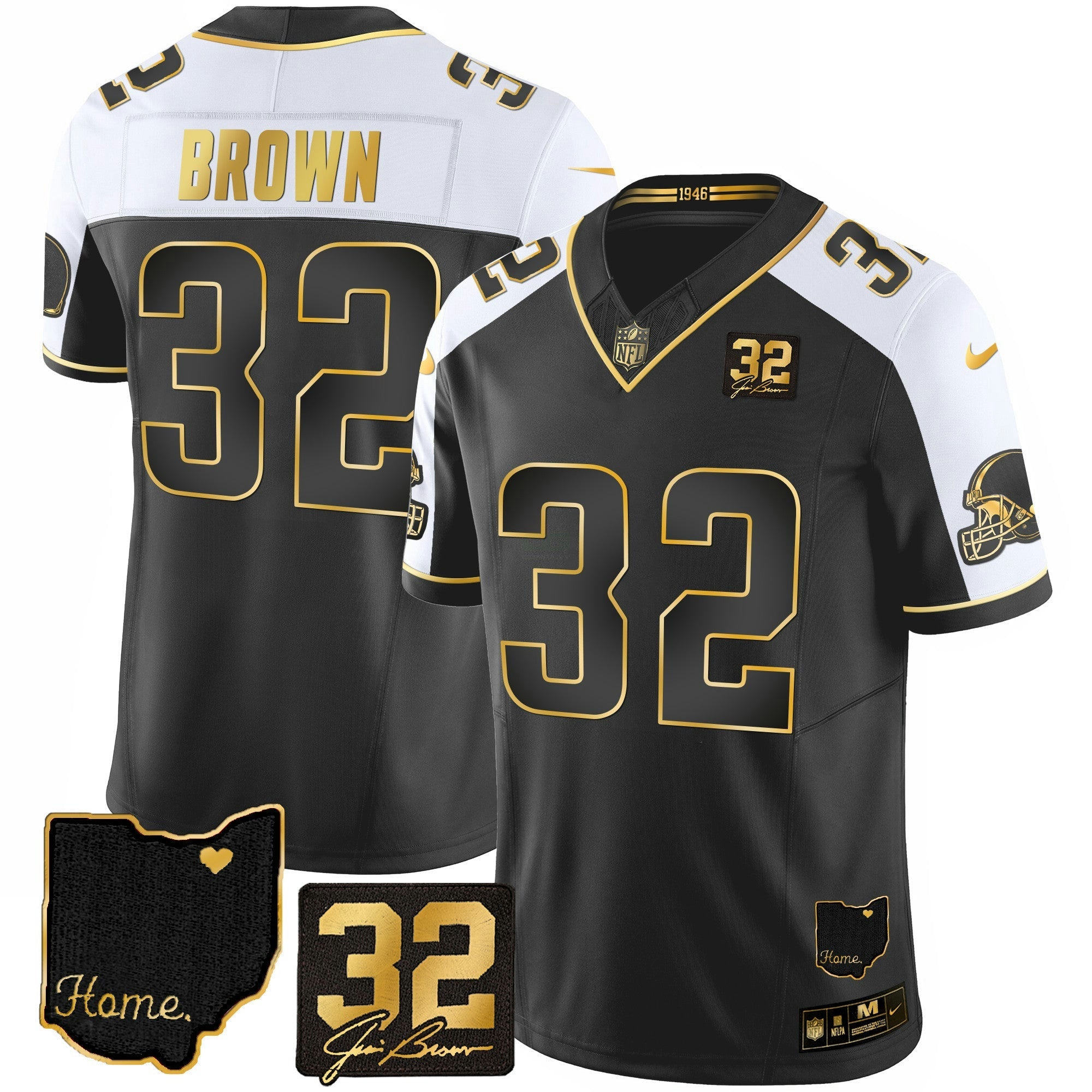 Camisa NFL Men’s #32 Jim Brown Memorial & Home Patch Dourada Jersey