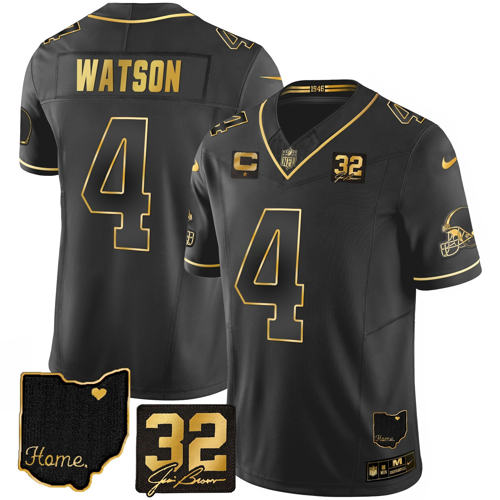 Camisa NFL Men’s #32 Jim Brown Memorial & Home Patch Dourada Jersey