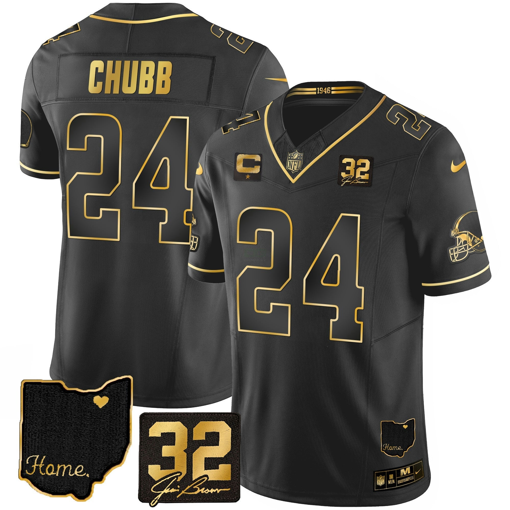 Camisa NFL Men’s #32 Jim Brown Memorial & Home Patch Dourada Jersey