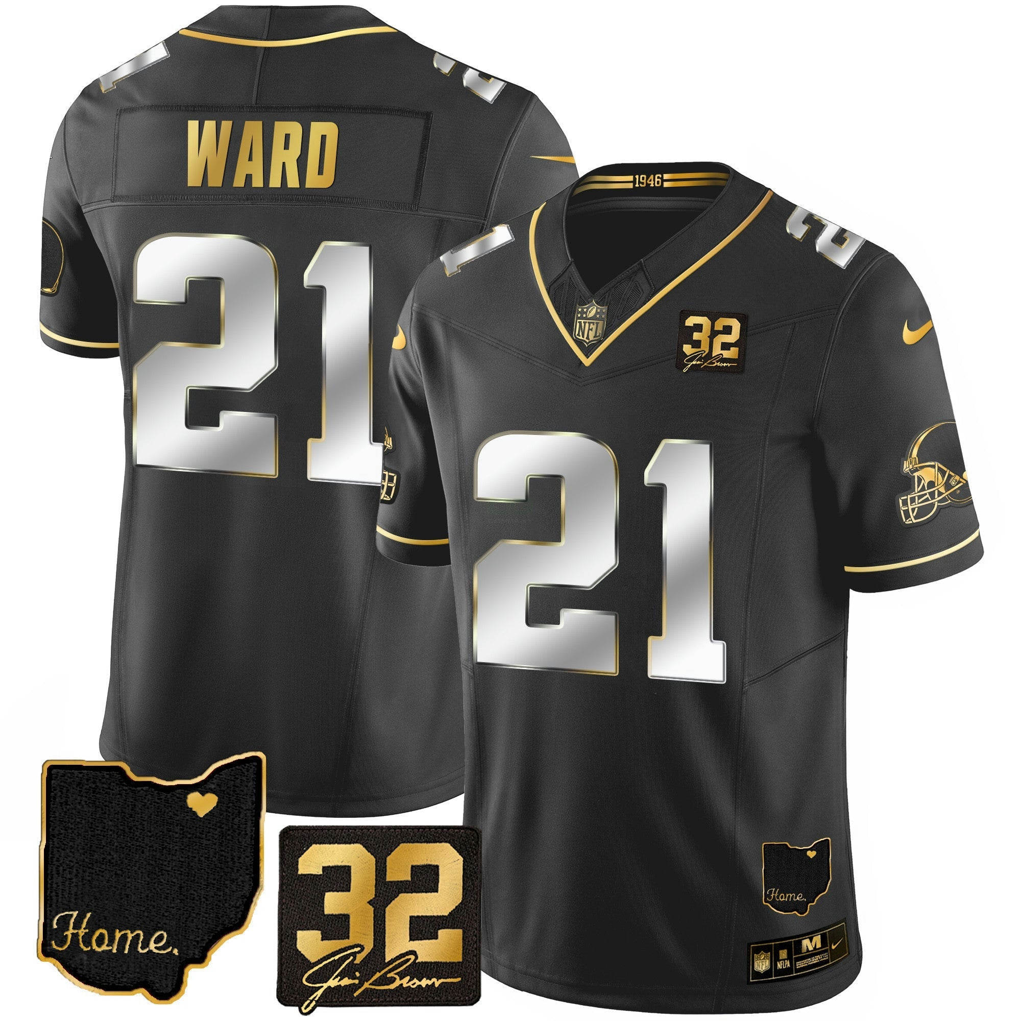 Camisa NFL Men’s #32 Jim Brown Memorial & Home Patch Dourada Jersey