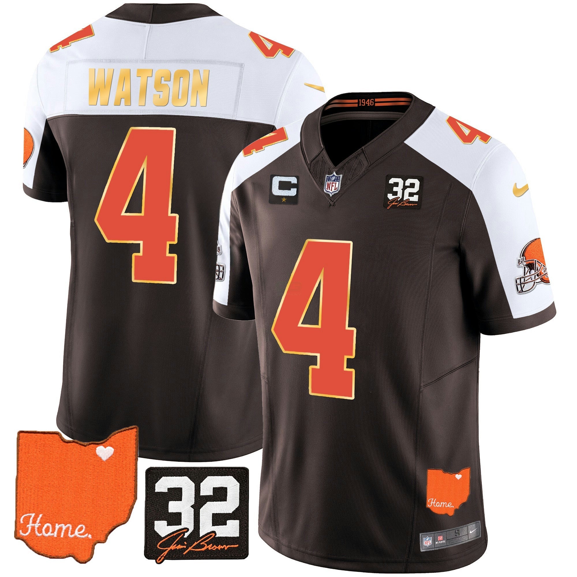 Camisa NFL Men’s #32 Jim Brown Memorial & Home Patch Dourada Trim Jersey