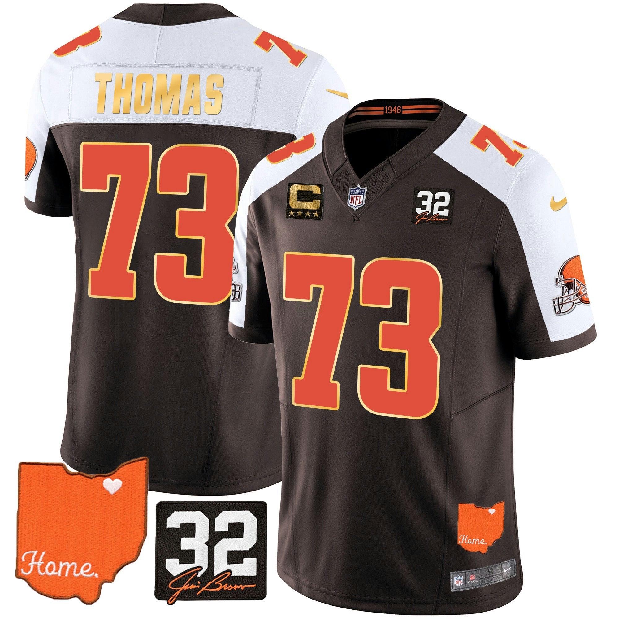 Camisa NFL Men’s #32 Jim Brown Memorial & Home Patch Dourada Trim Jersey