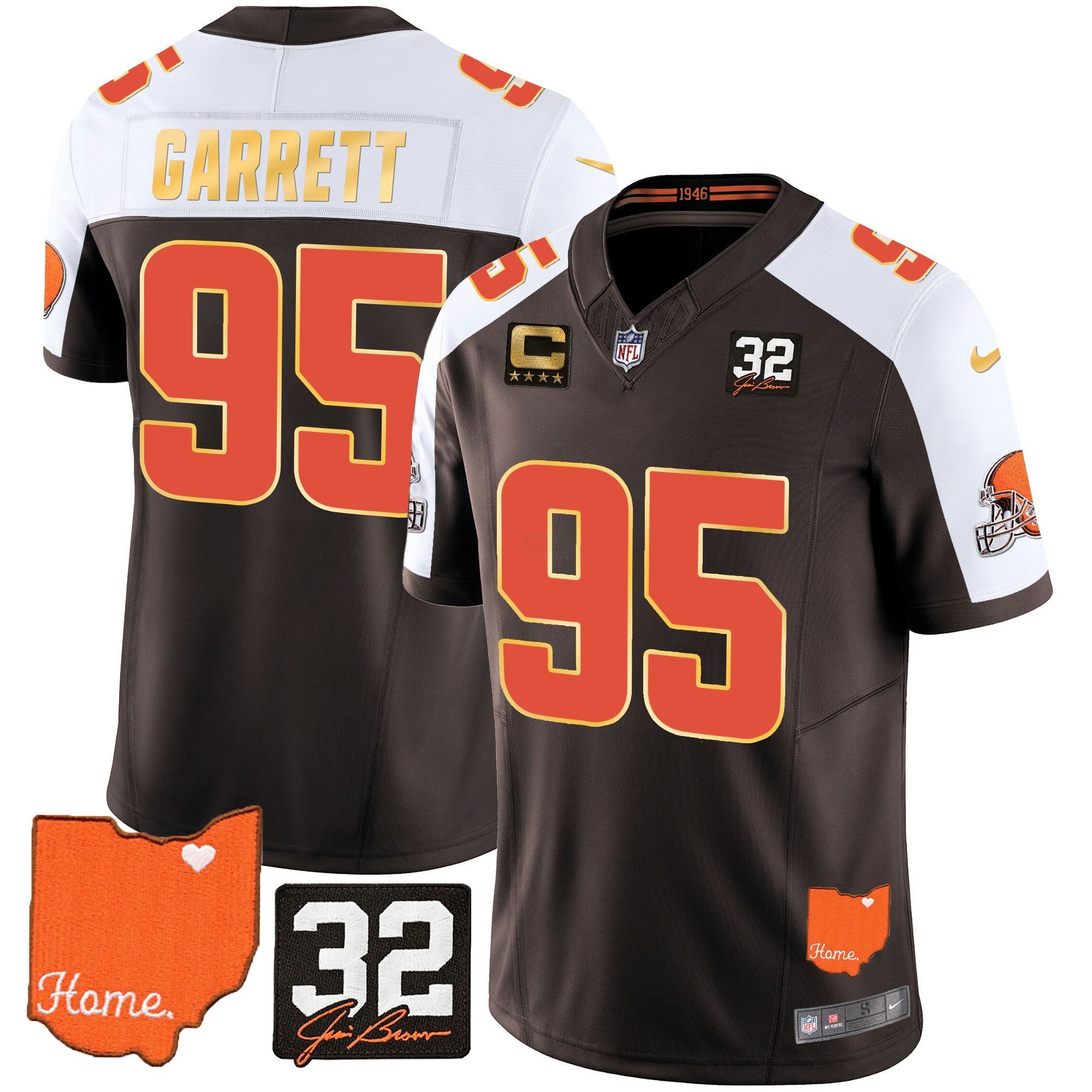 Camisa NFL Men’s #32 Jim Brown Memorial & Home Patch Dourada Trim Jersey