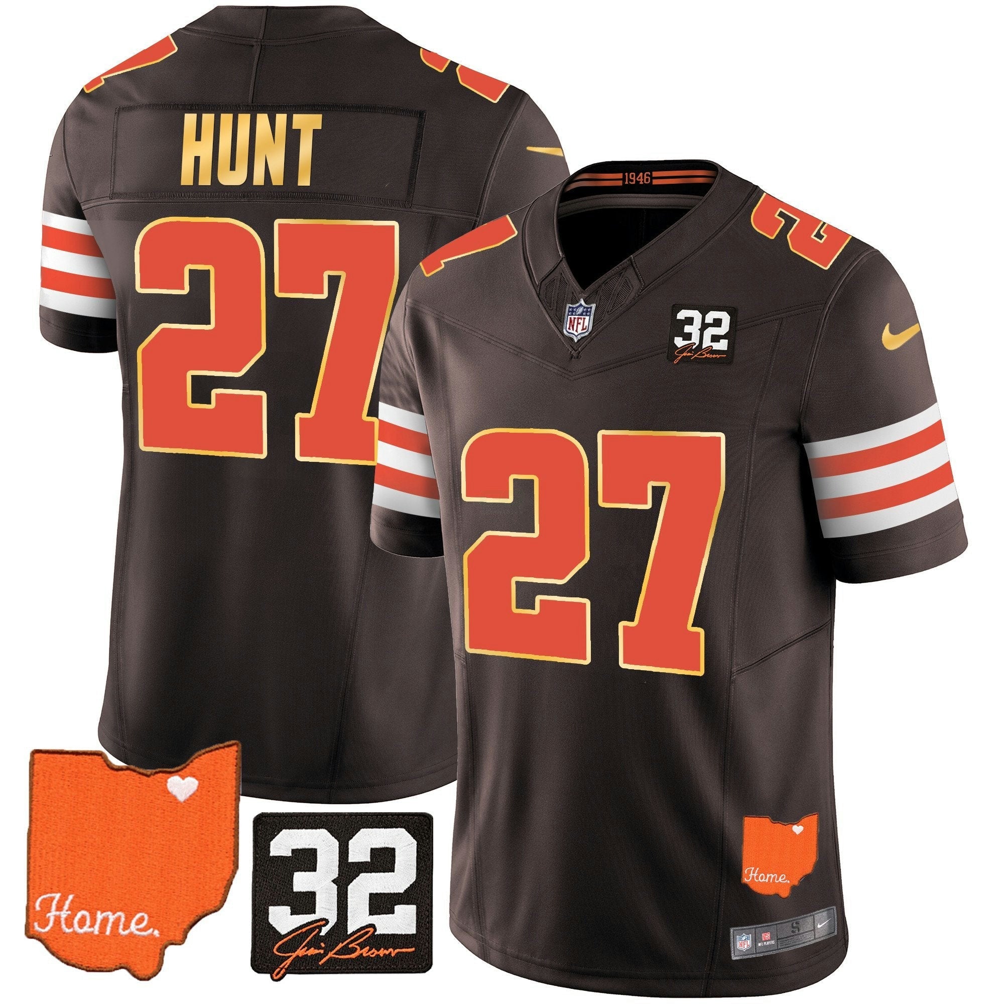 Camisa NFL Men’s #32 Jim Brown Memorial & Home Patch Dourada Trim Jersey