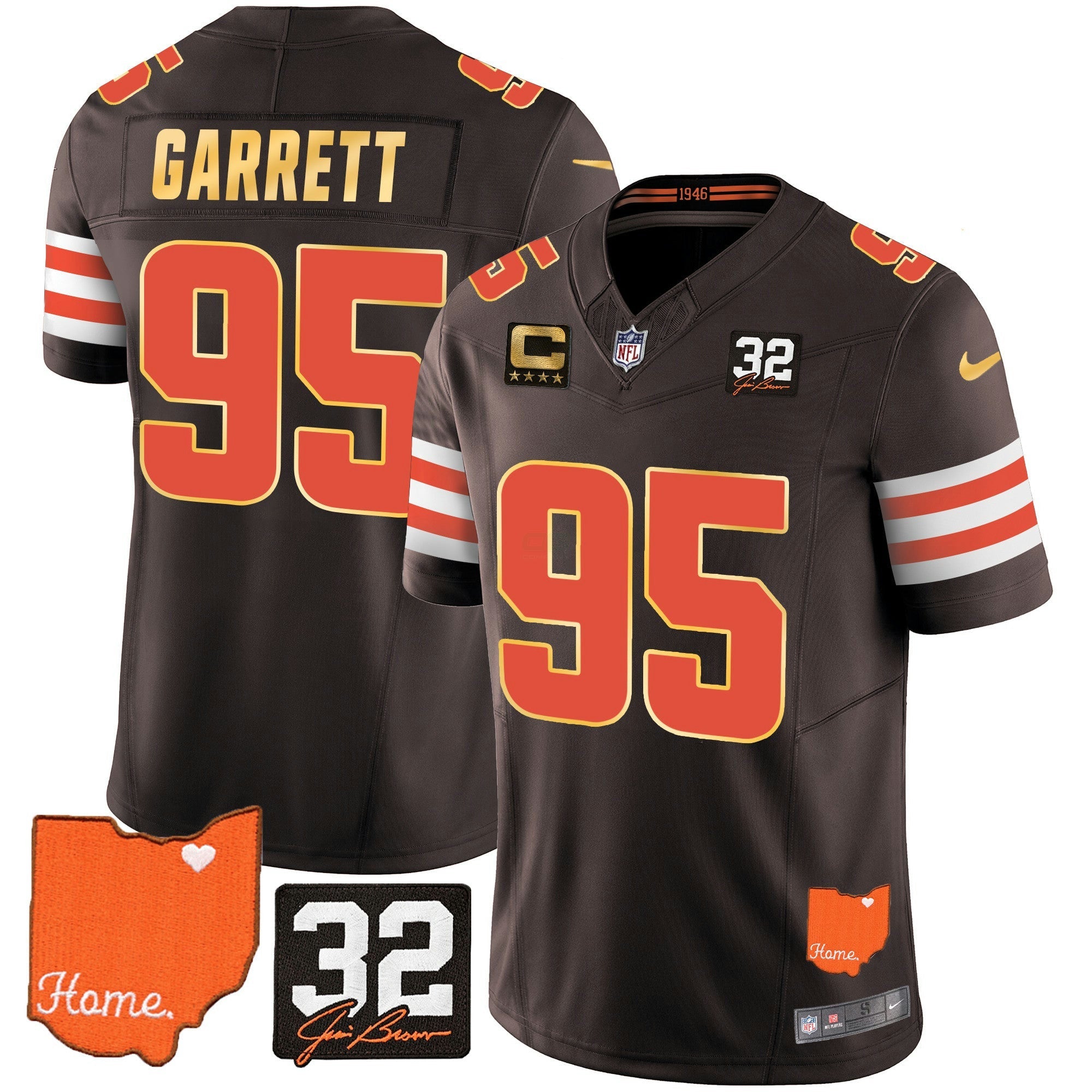 Camisa NFL Men’s #32 Jim Brown Memorial & Home Patch Dourada Trim Jersey