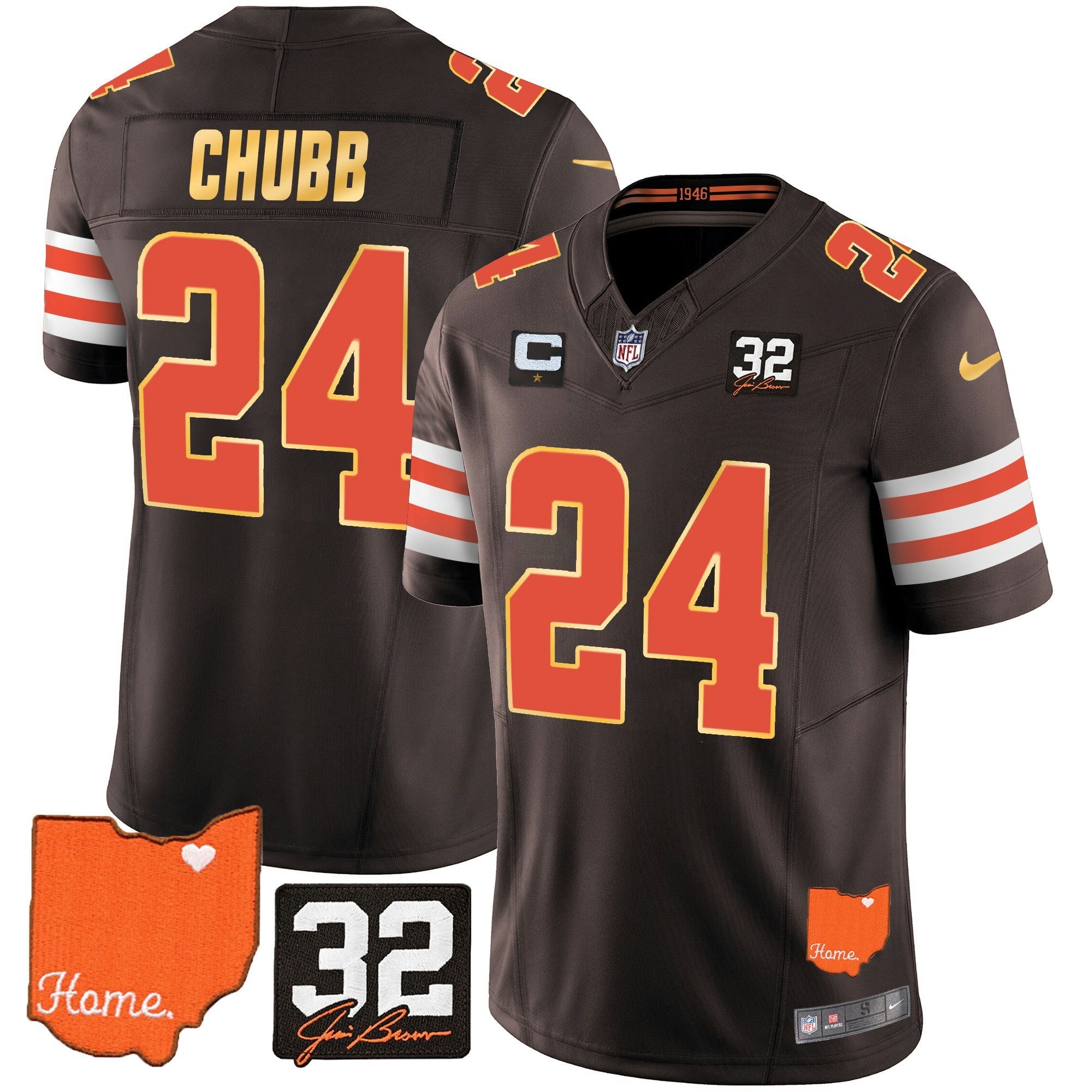 Camisa NFL Men’s #32 Jim Brown Memorial & Home Patch Dourada Trim Jersey
