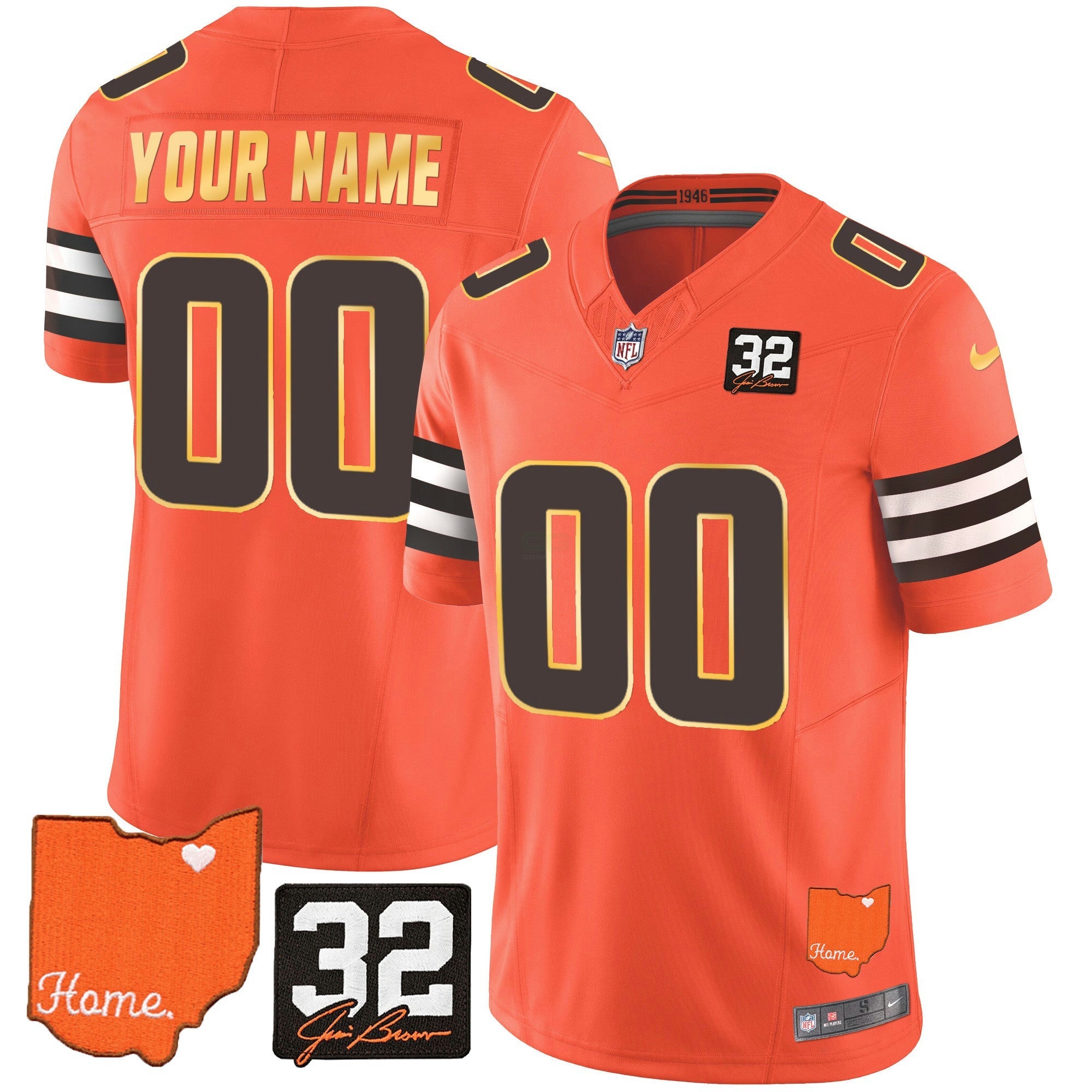 Camisa NFL Men’s #32 Jim Brown Memorial & Home Patch Dourada Trim Jersey