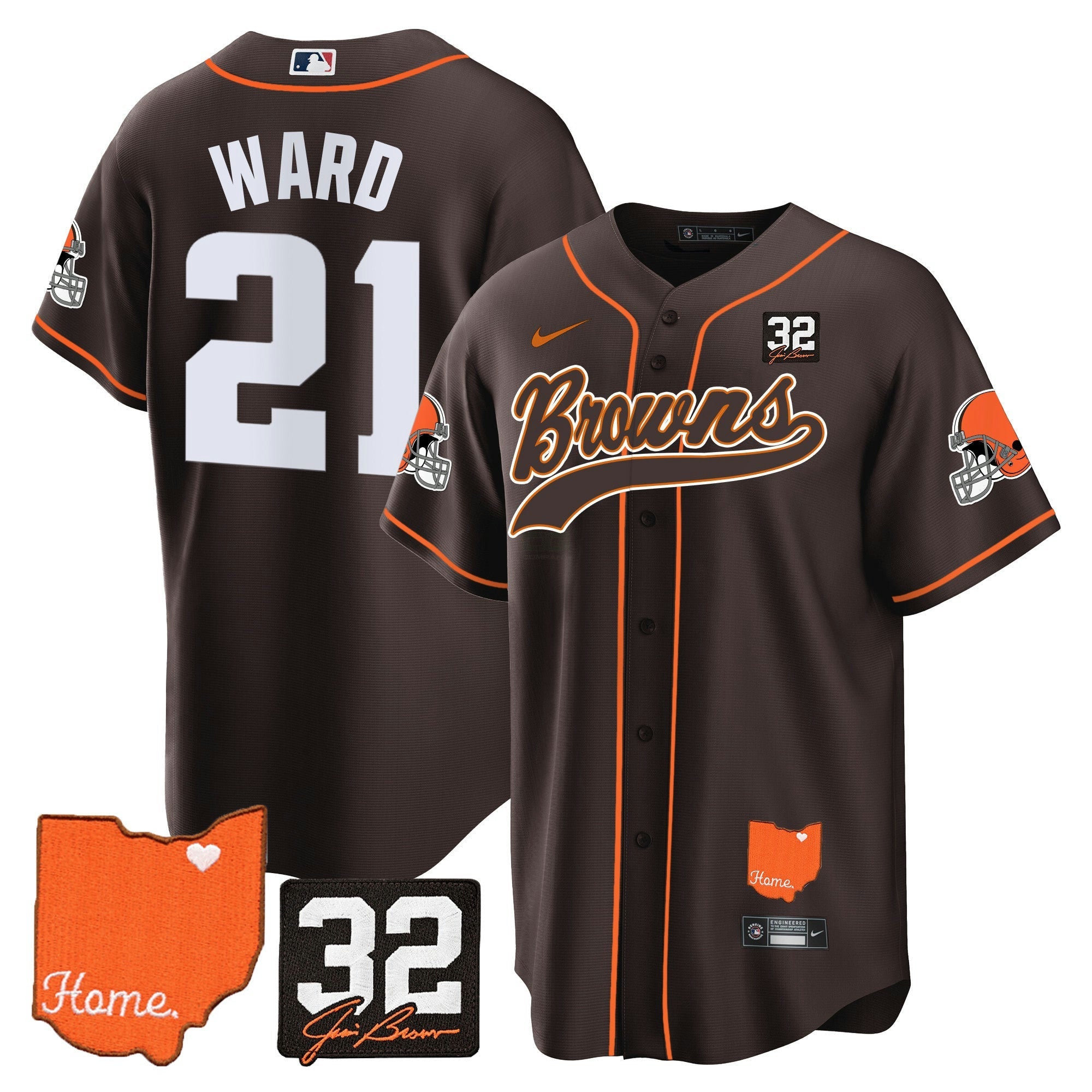 Camisa NFL Men’s #32 Jim Brown Memorial & Home Patch Jersey