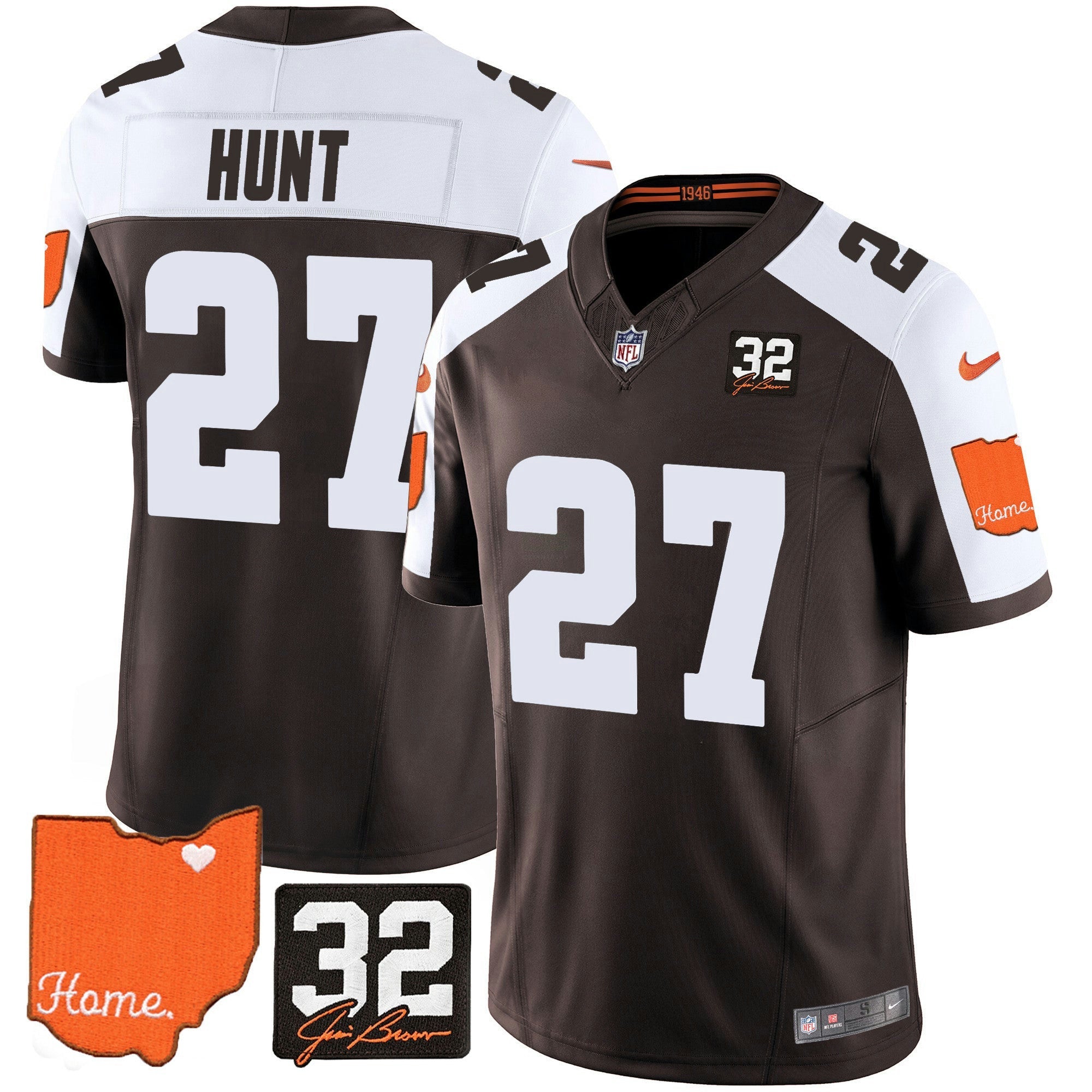 Camisa NFL Men’s #32 Jim Brown Memorial & Home Patch Jersey V2